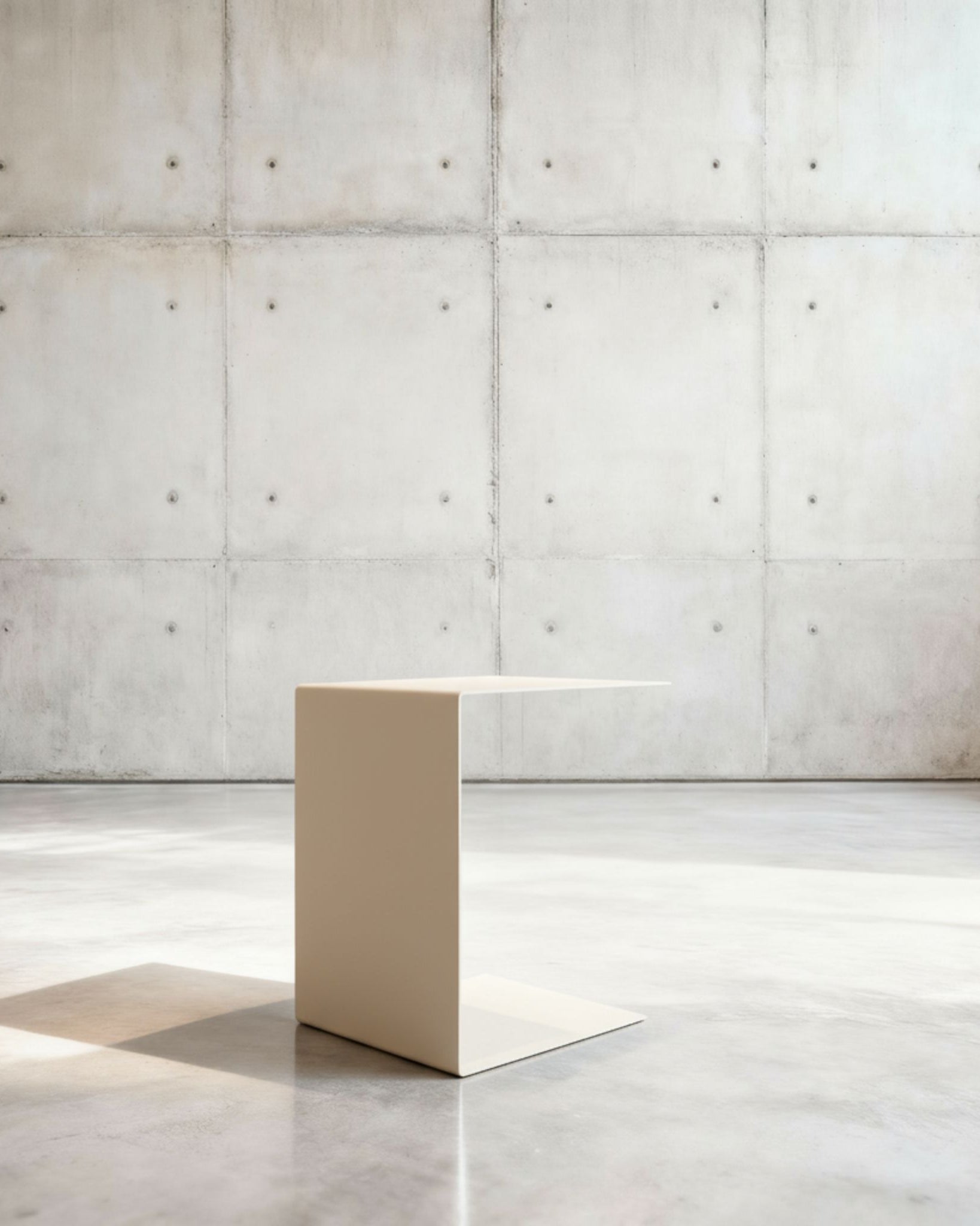 Minimalistischer Beistelltisch BIG C aus cremeweiß matt lackiertem Stahl in architektonischem Raum auf Betonboden