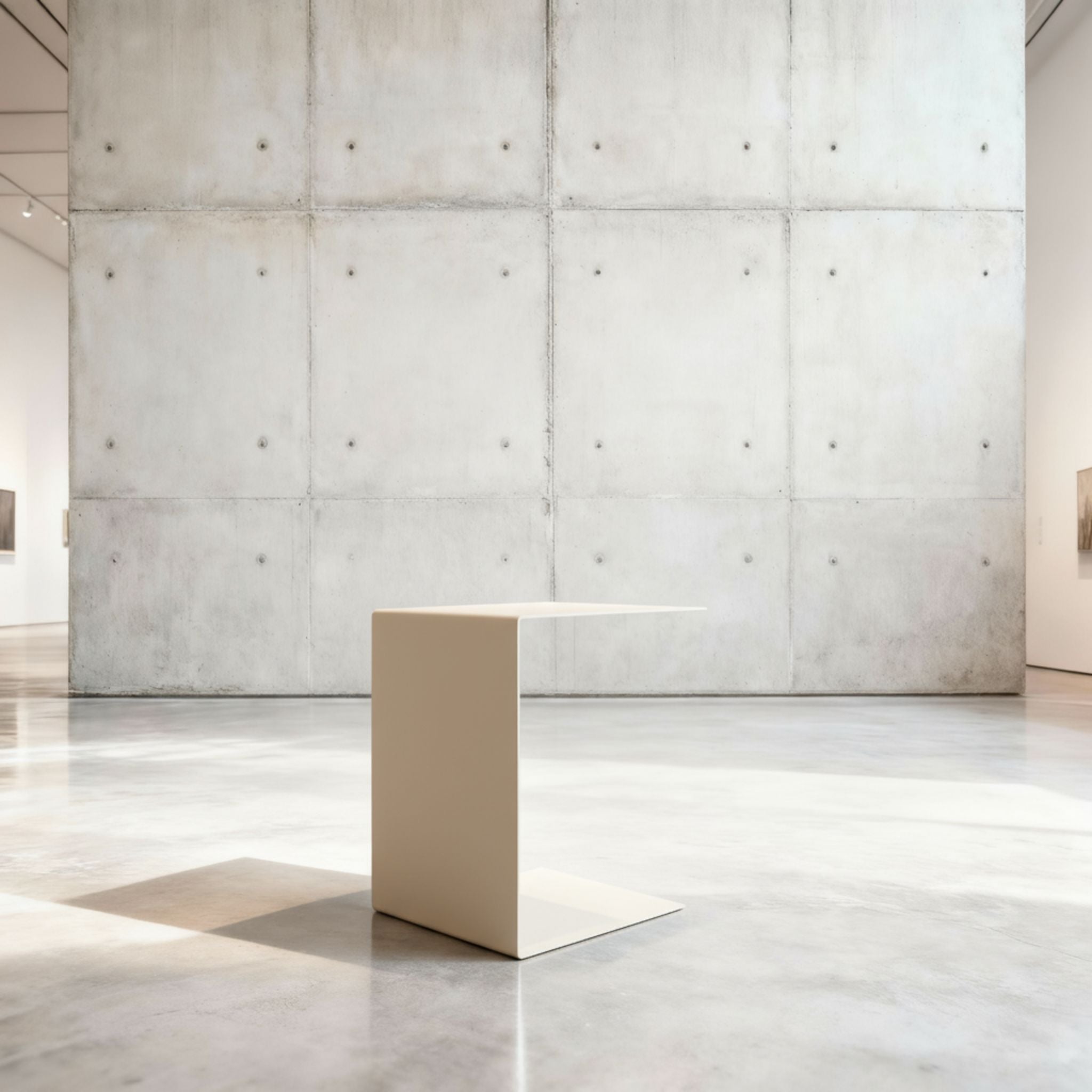 Minimalistischer Beistelltisch BIG C aus cremeweiß matt lackiertem Stahl in architektonischem Raum auf Betonboden