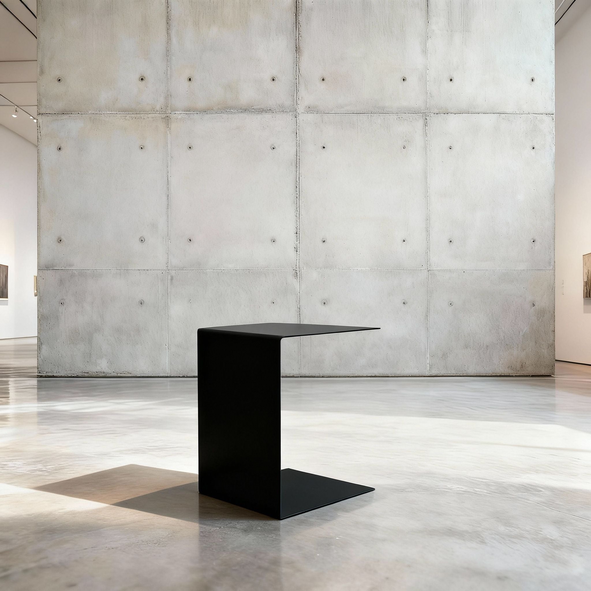 Minimalistischer Beistelltisch BIG C aus schwarz matt lackiertem Stahl in architektonischem Raum auf Betonboden