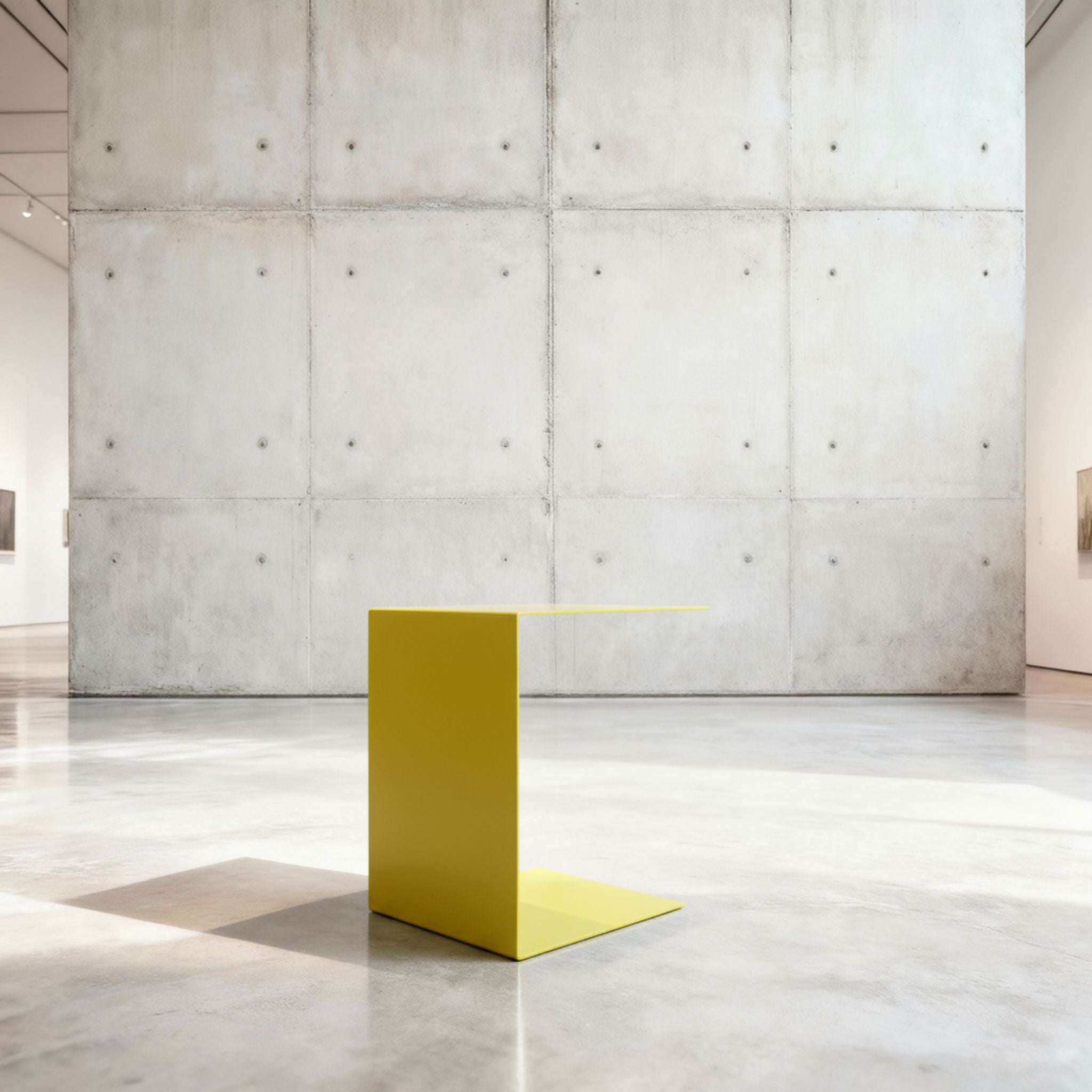 Minimalistischer Beistelltisch BIG C aus schwefelgelb matt lackiertem Stahl in architektonischem Raum auf Betonboden
