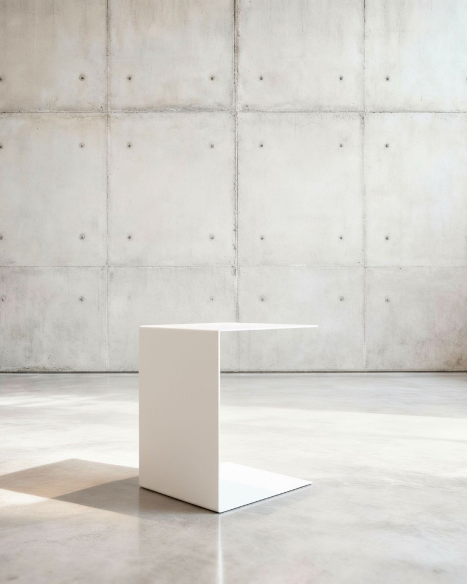 Minimalistischer Beistelltisch BIG C aus weiß matt lackiertem Stahl in architektonischem Raum auf Betonboden