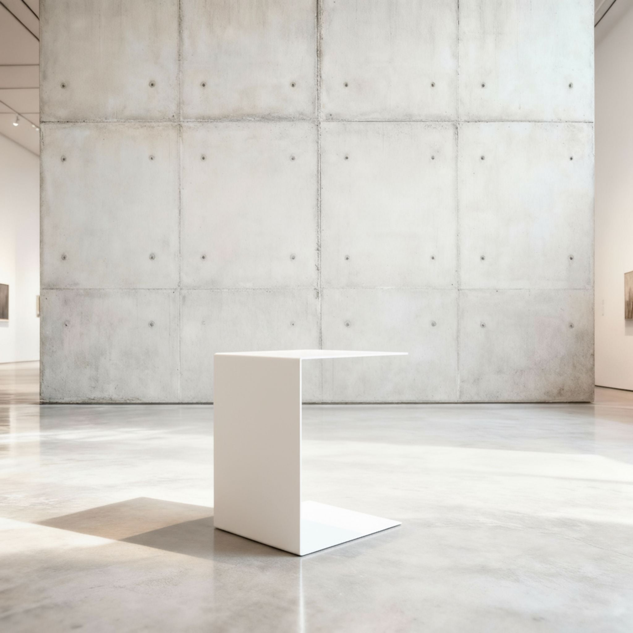 Minimalistischer Beistelltisch BIG C aus weiß matt lackiertem Stahl in architektonischem Raum auf Betonboden
