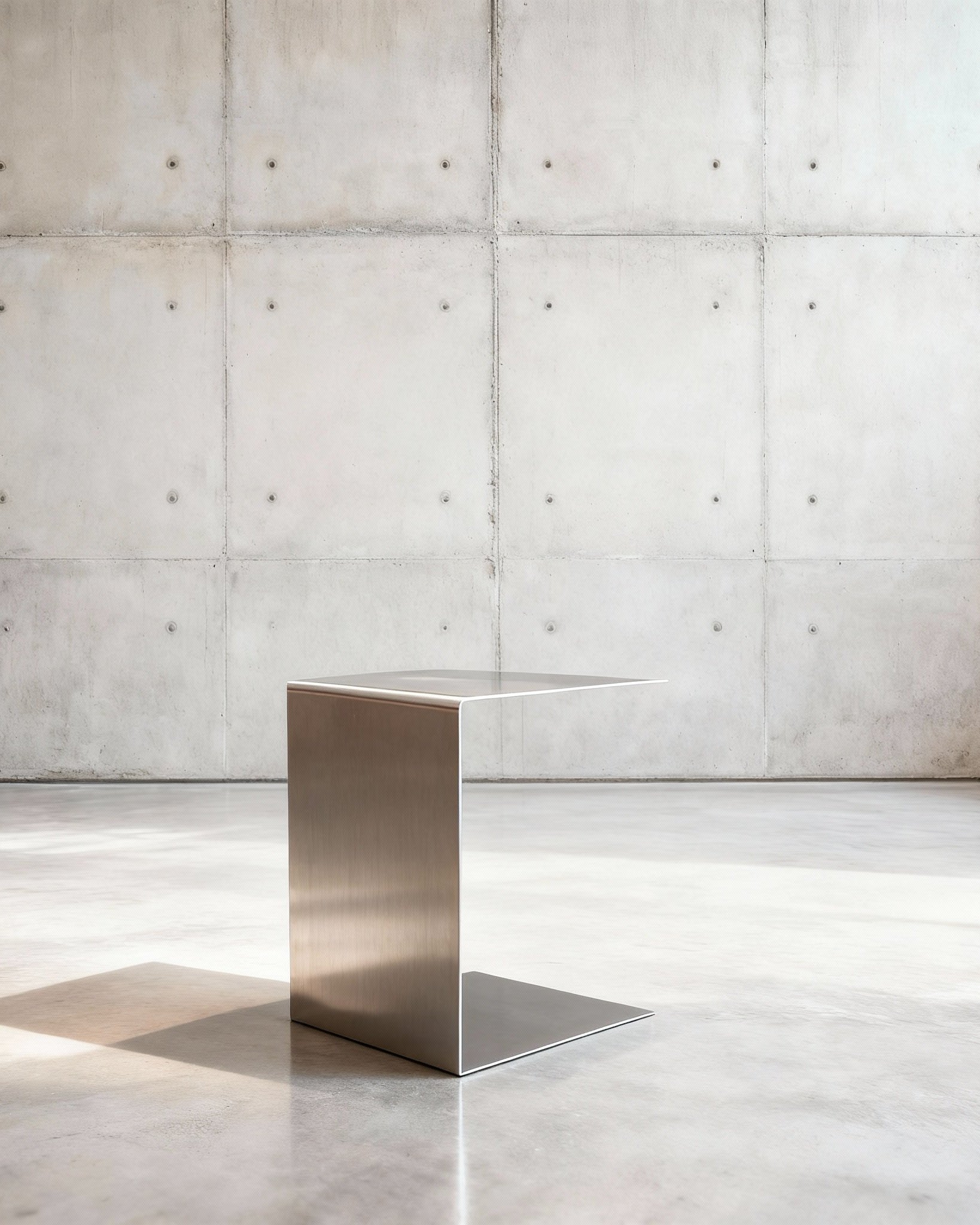 Brushed C Beistelltisch in gebürstetem Edelsthahl auf grauen Betonboden vor grauer Betonwand mit Löchern, leicht gedreht
