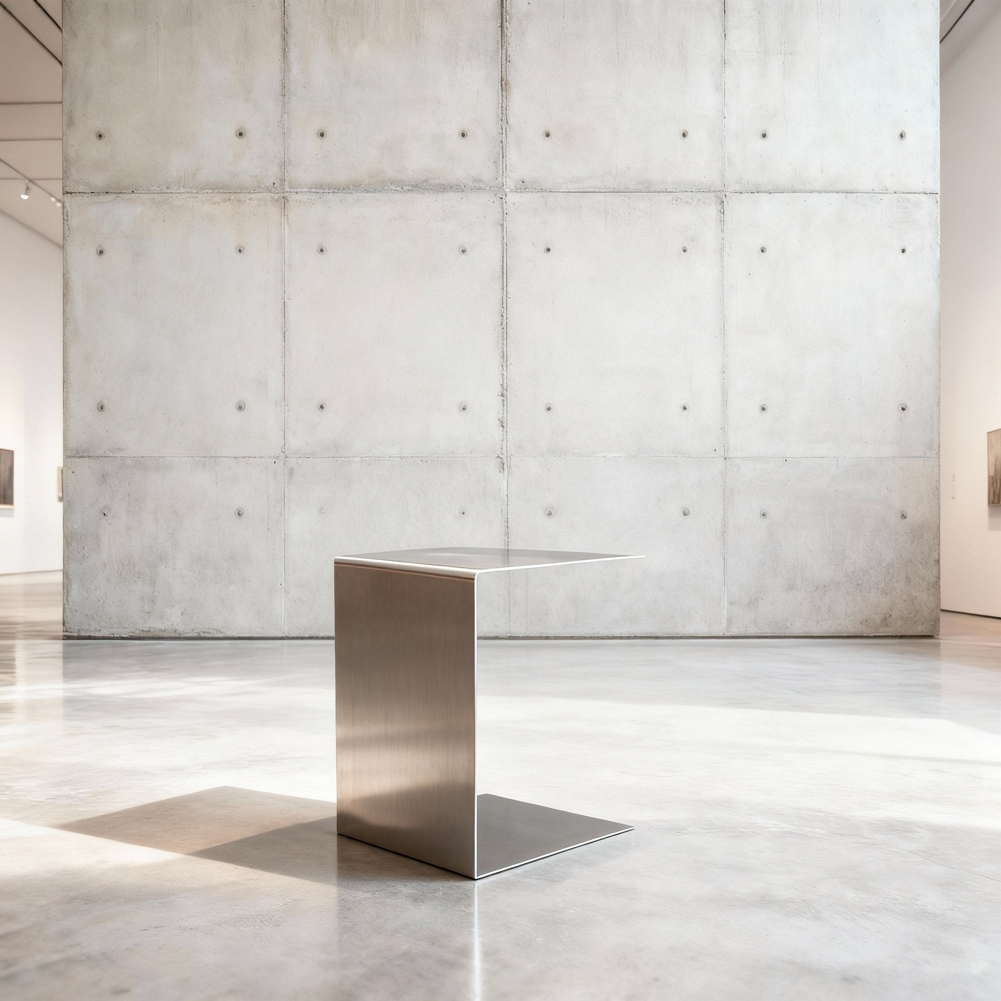 Brushed C Beistelltisch in gebürstetem Edelsthahl auf grauen Betonboden vor grauer Betonwand mit Löchern, leicht gedreht