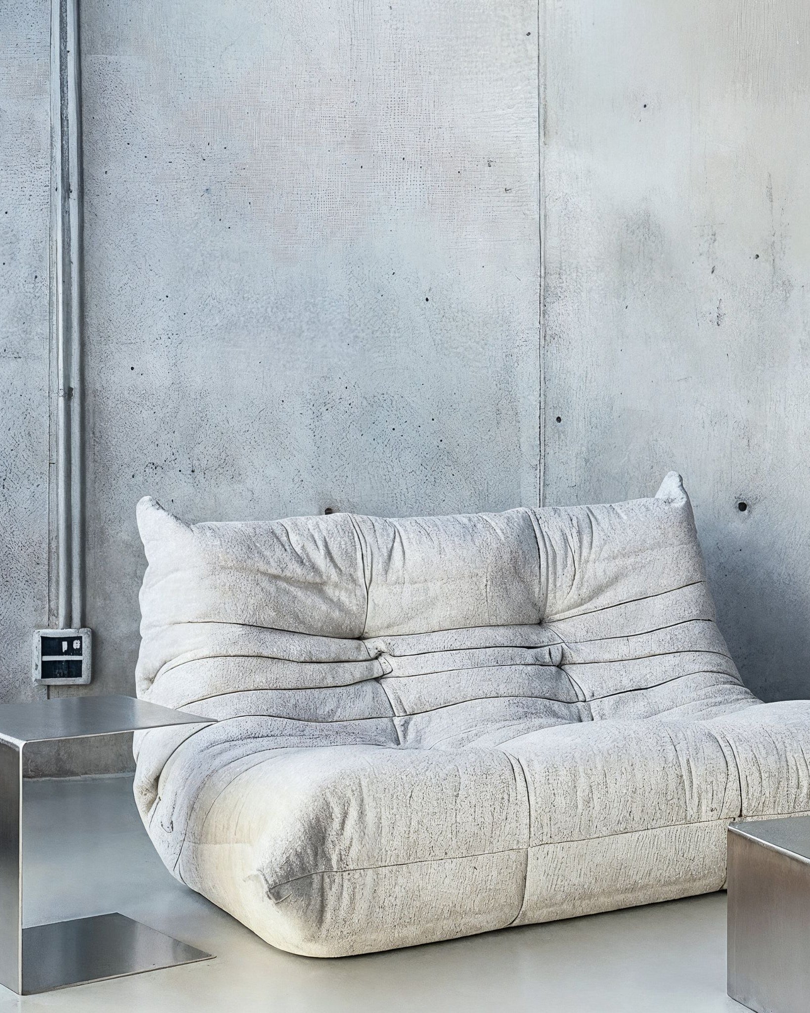 Brushed C vor Betonwand auf Betonboden mit weissem lignet rose Sofa