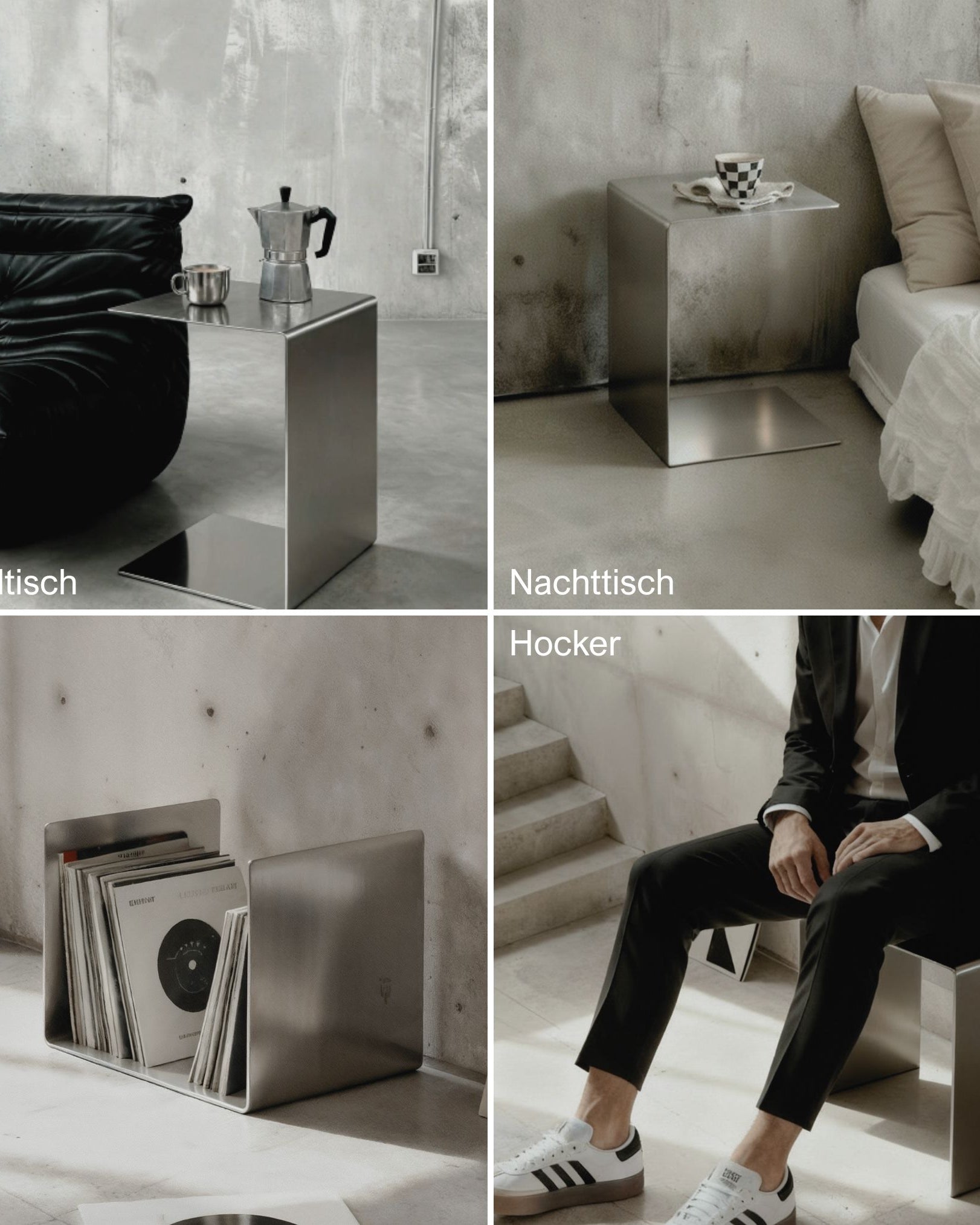 Collage Brushed C verwendet als Beistelltisch, Nachttisch, Ablage und Hocker