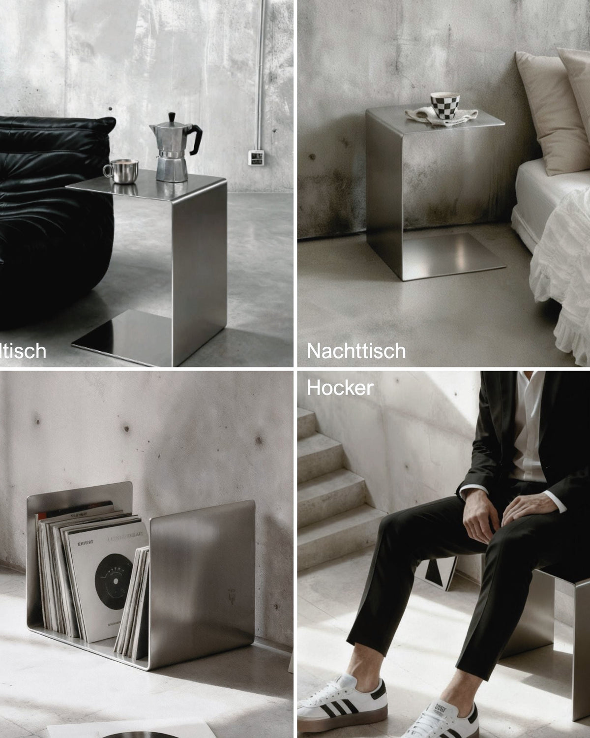 Collage Brushed C verwendet als Beistelltisch, Nachttisch, Ablage und Hocker