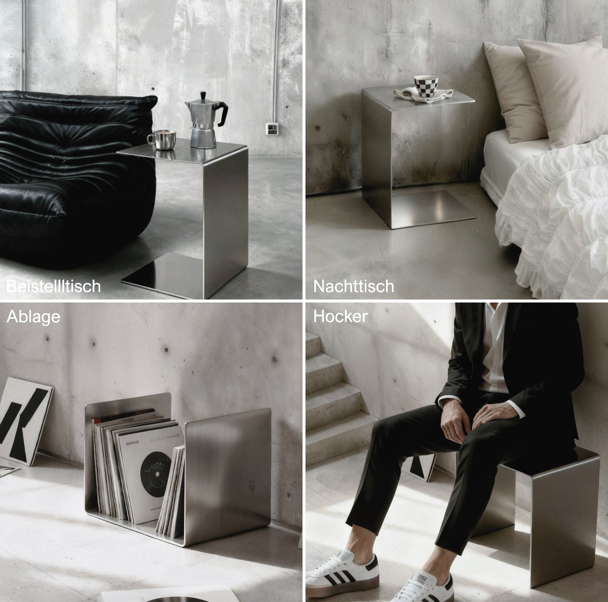 Collage Brushed C verwendet als Beistelltisch, Nachttisch, Ablage und Hocker