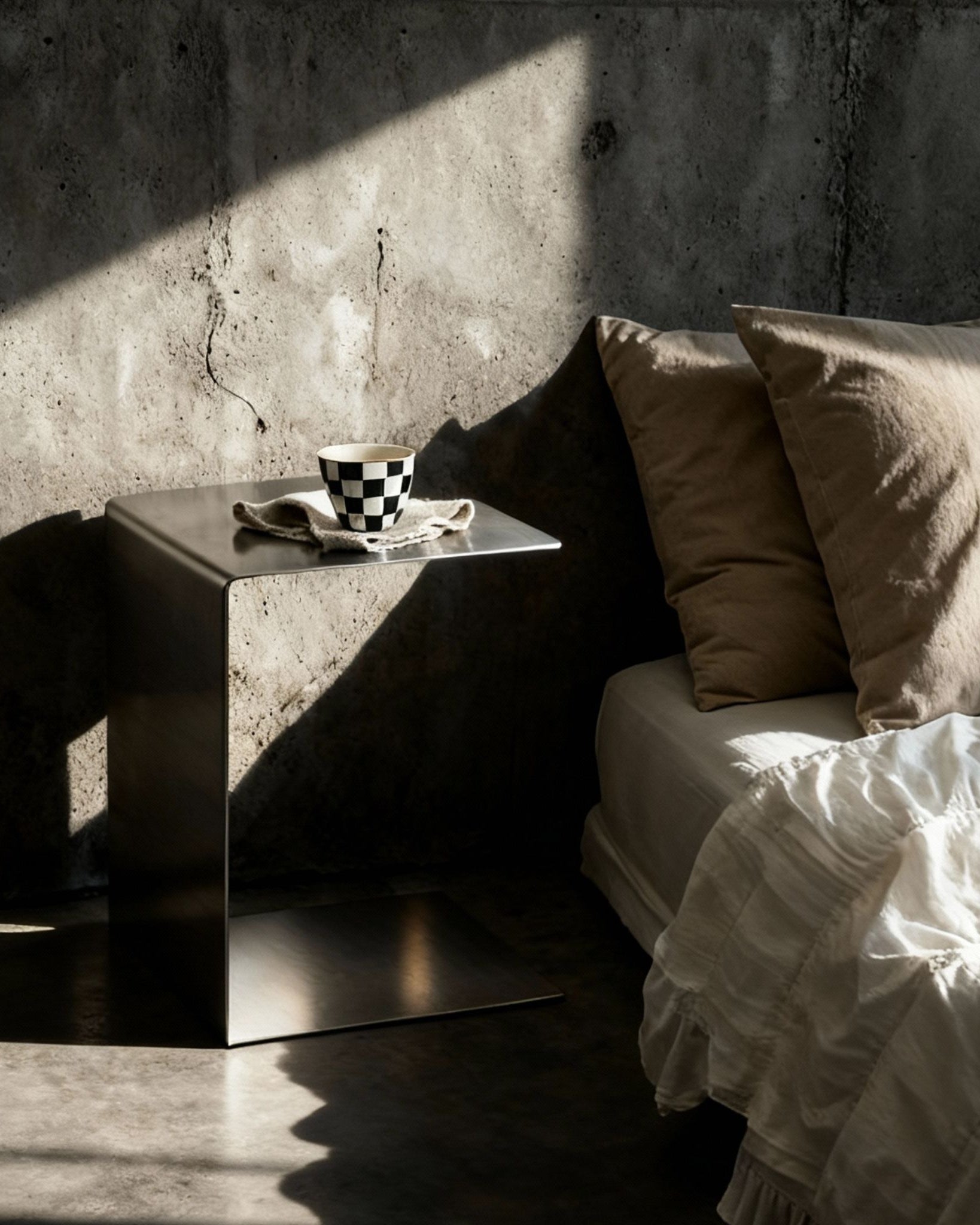 Brushed C  als Nachttisch mit Keramik Kaffeetasse auf Betonboden vor Betonwand neben Bett