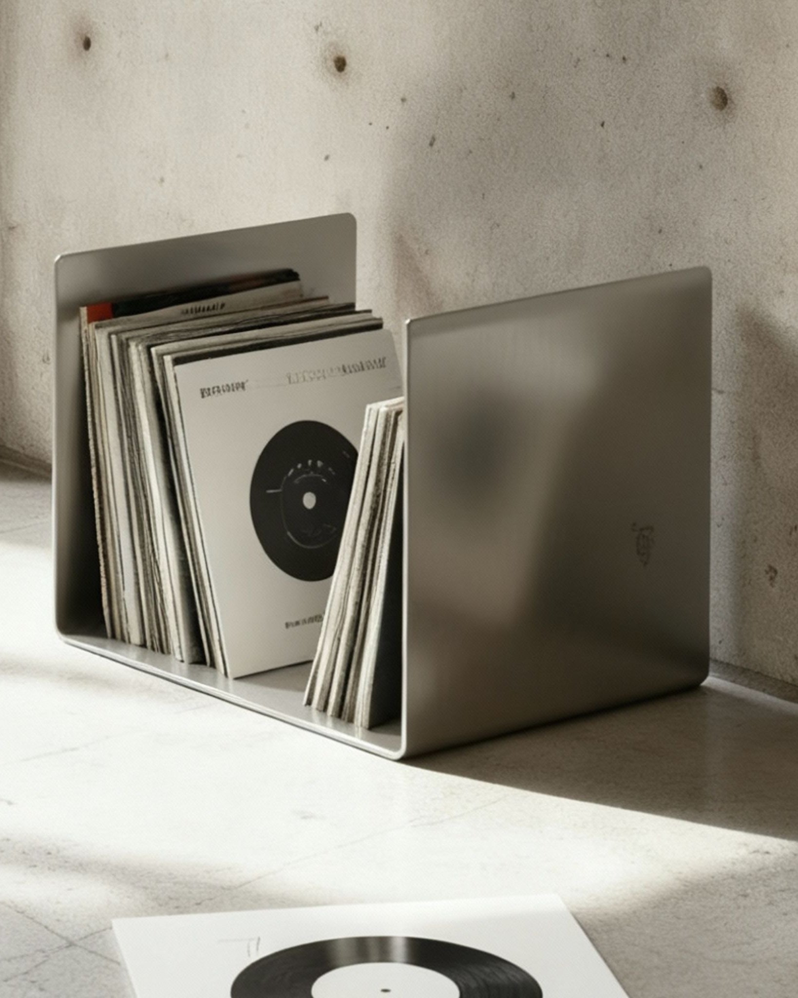 Brushed C Beistelltisch aus gebürstetem Edelstahl als stilvolle Vinylablage in modernem Betoninterior