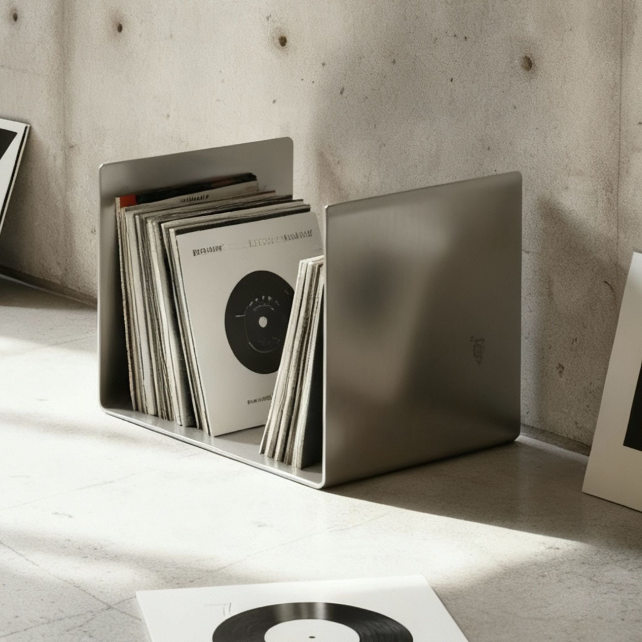 Brushed C Beistelltisch aus gebürstetem Edelstahl als stilvolle Vinylablage in modernem Betoninterior