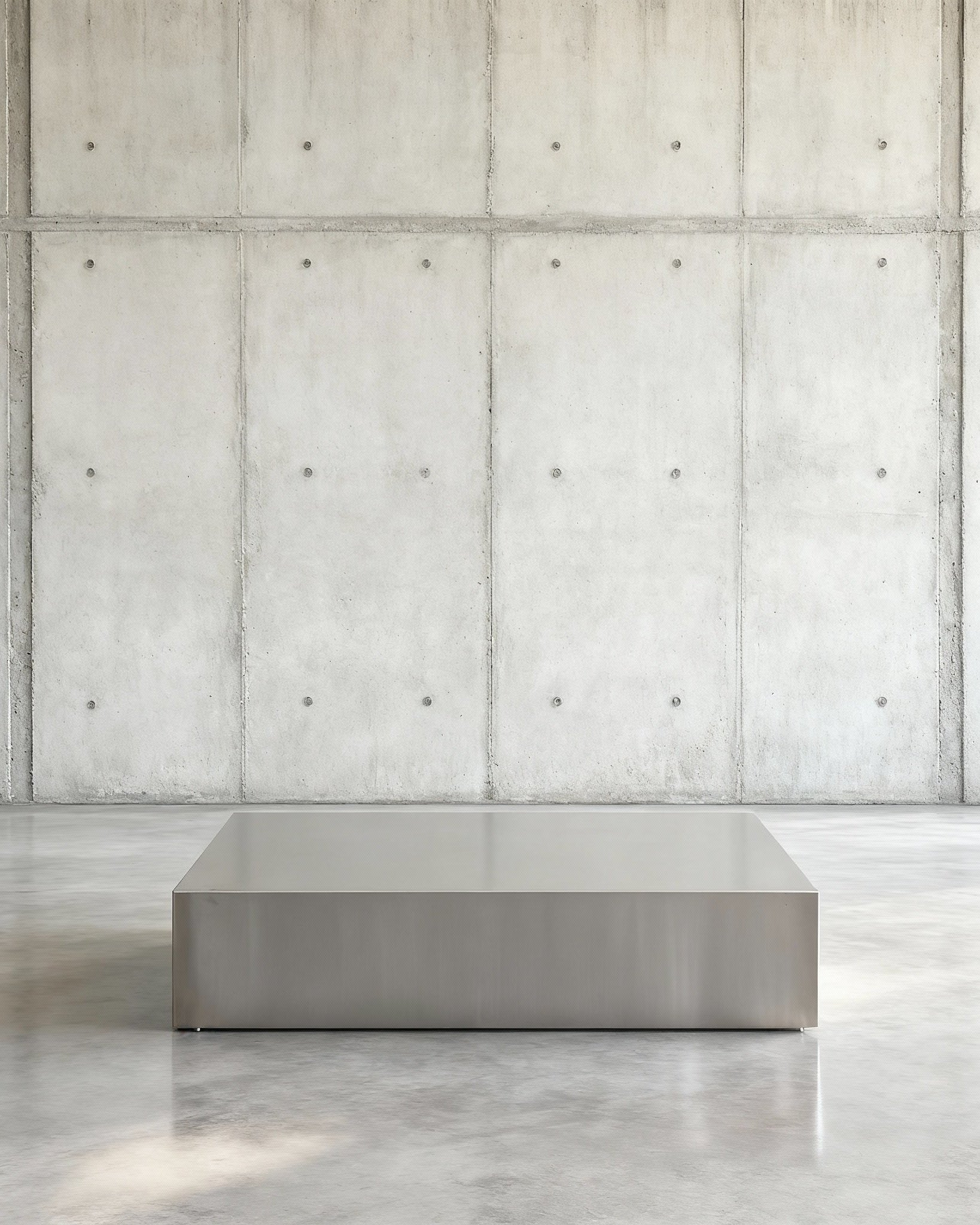 Brushed Q Couchtisch in gebürstetem Edelsthahl auf grauen Betonboden vor grauer Betonwand mit Löchern