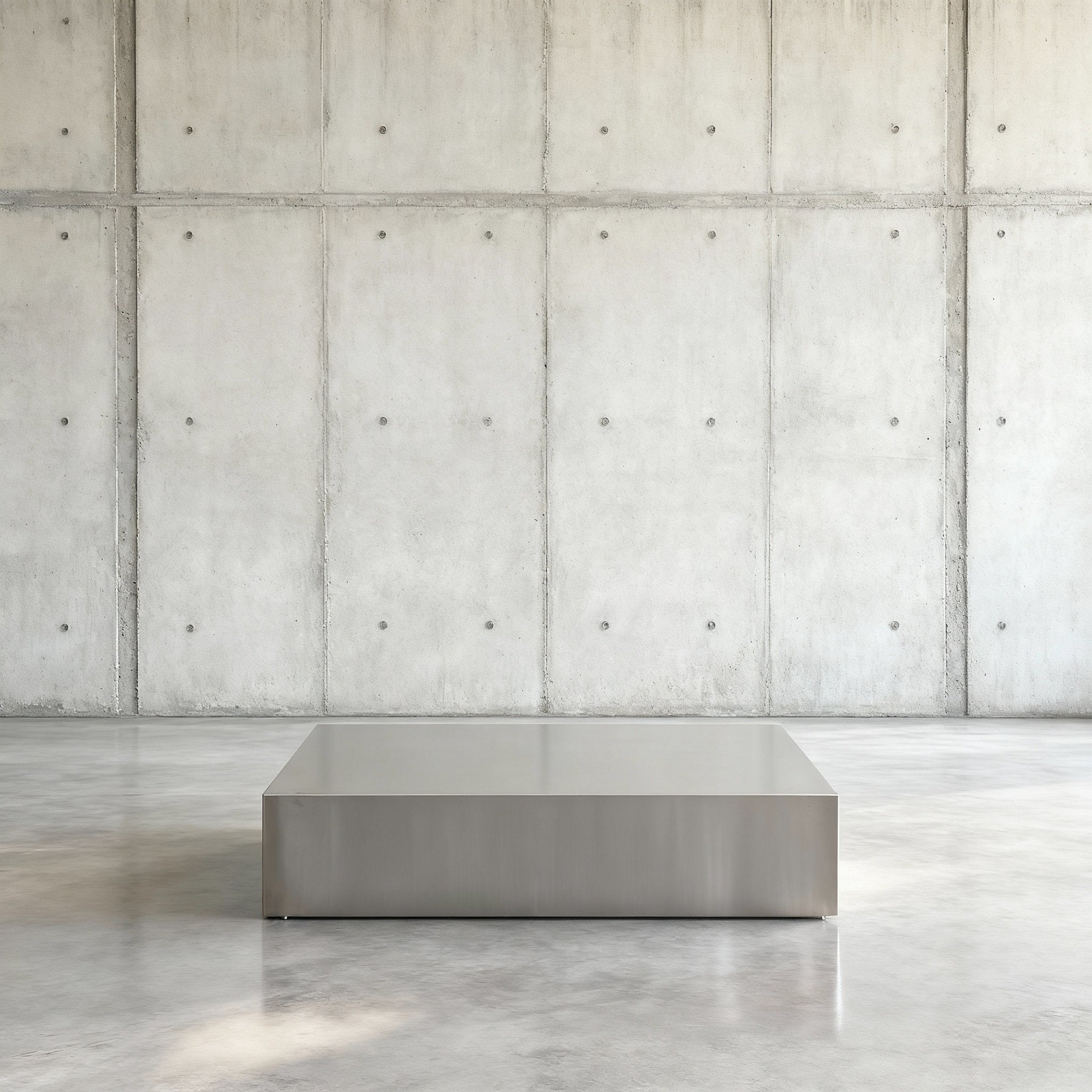 Brushed Q Couchtisch in gebürstetem Edelsthahl auf grauen Betonboden vor grauer Betonwand mit Löchern