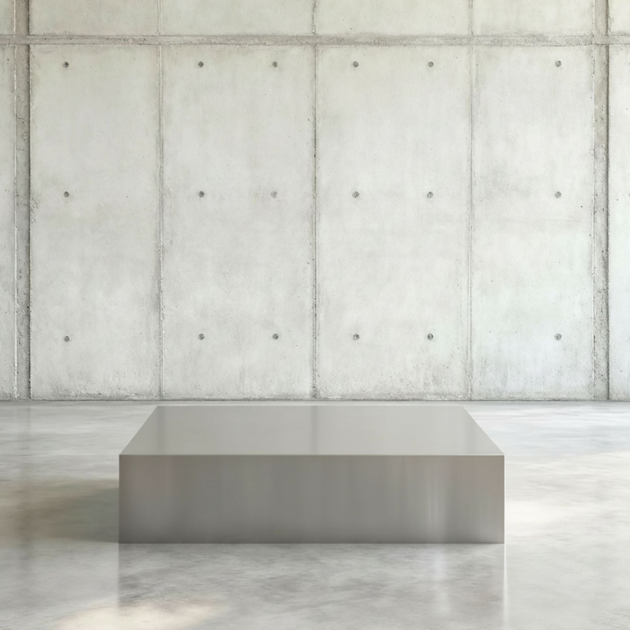 Brushed Q Couchtisch in gebürstetem Edelsthahl auf grauen Betonboden vor grauer Betonwand mit Löchern