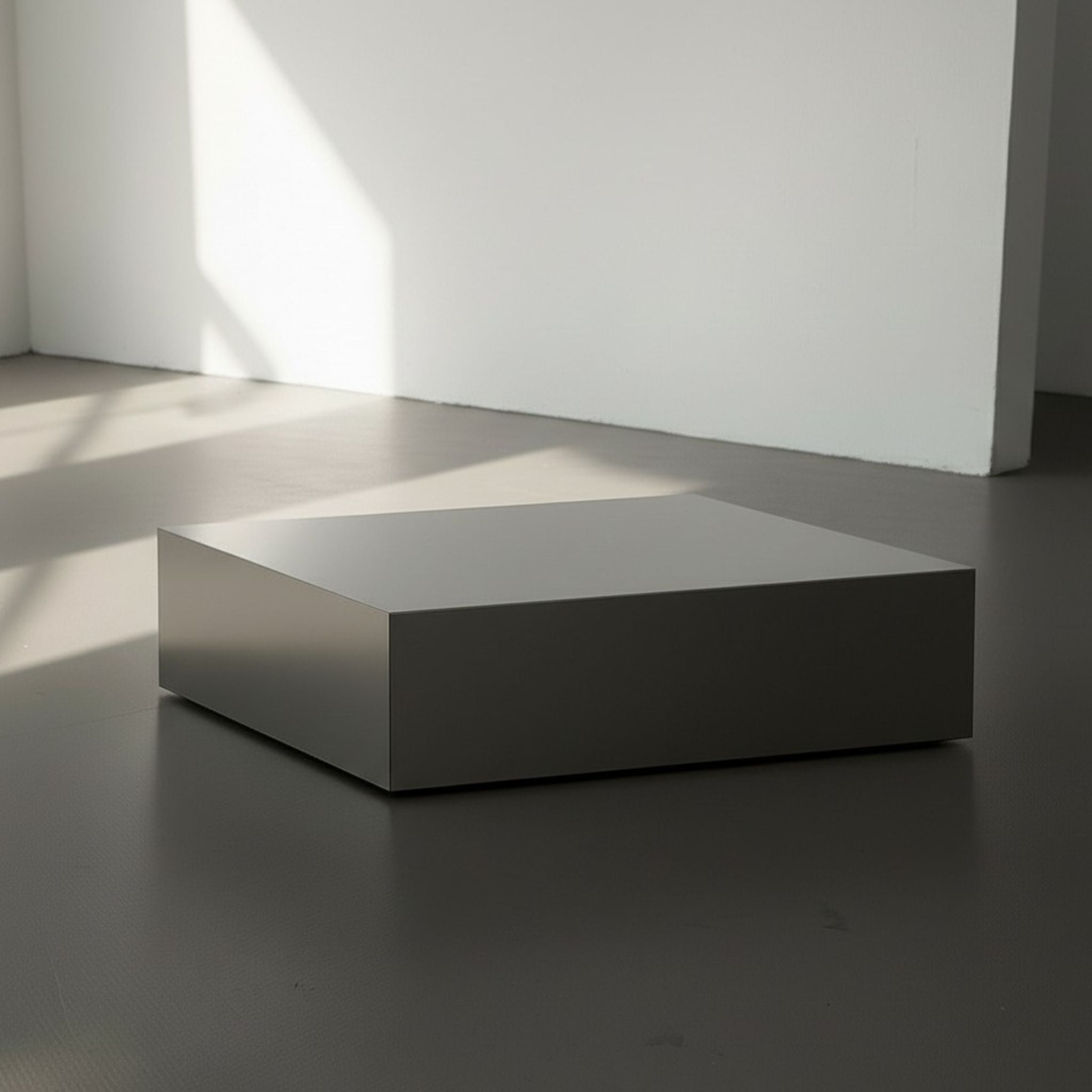 Brushed Q aus gebürstetem Edelstahl auf grauen Betonboden vor weißer Wand und Lichtspiel