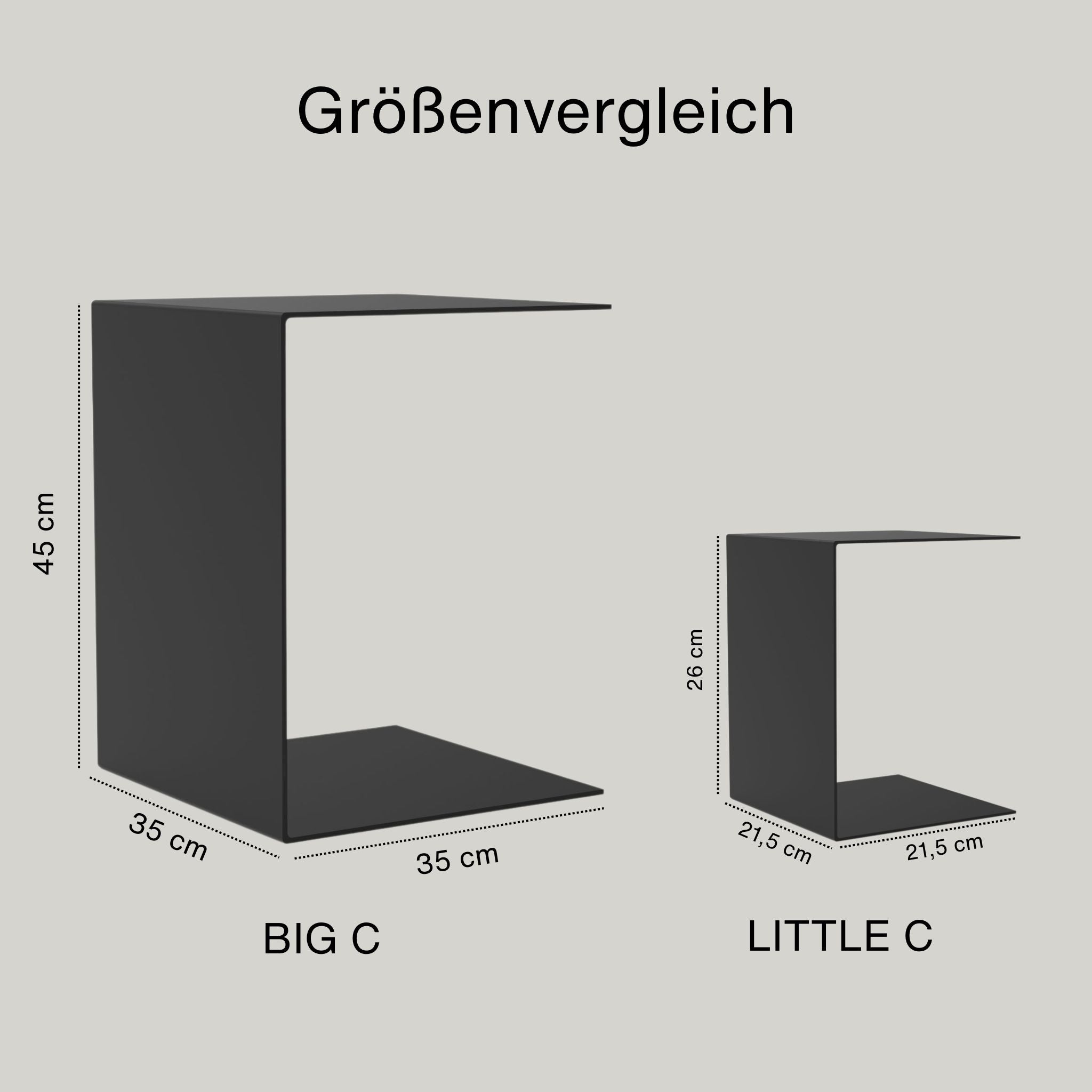 Größenvergleich Beistelltische BIG C und LITTLE C aus pulverbeschichtetem Stahl mit Maßen 35x35x45 cm und 21,5x21,5x26 cm
