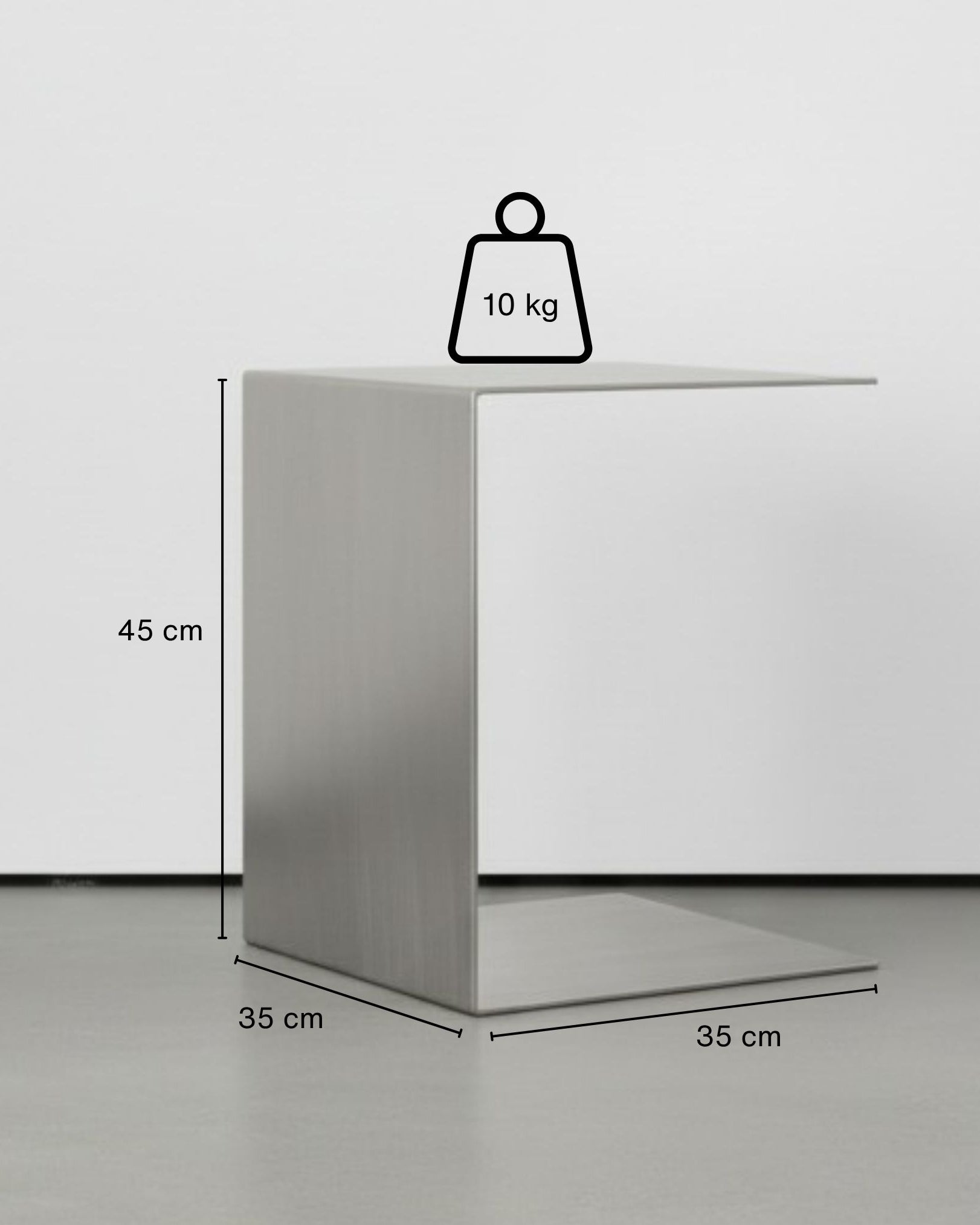Technische Zeichnung des Brushed C Beistelltischs Edelstahl gebürstet mit Maßen: 35x35x45 cm für Tiefe, Breite und Höhe