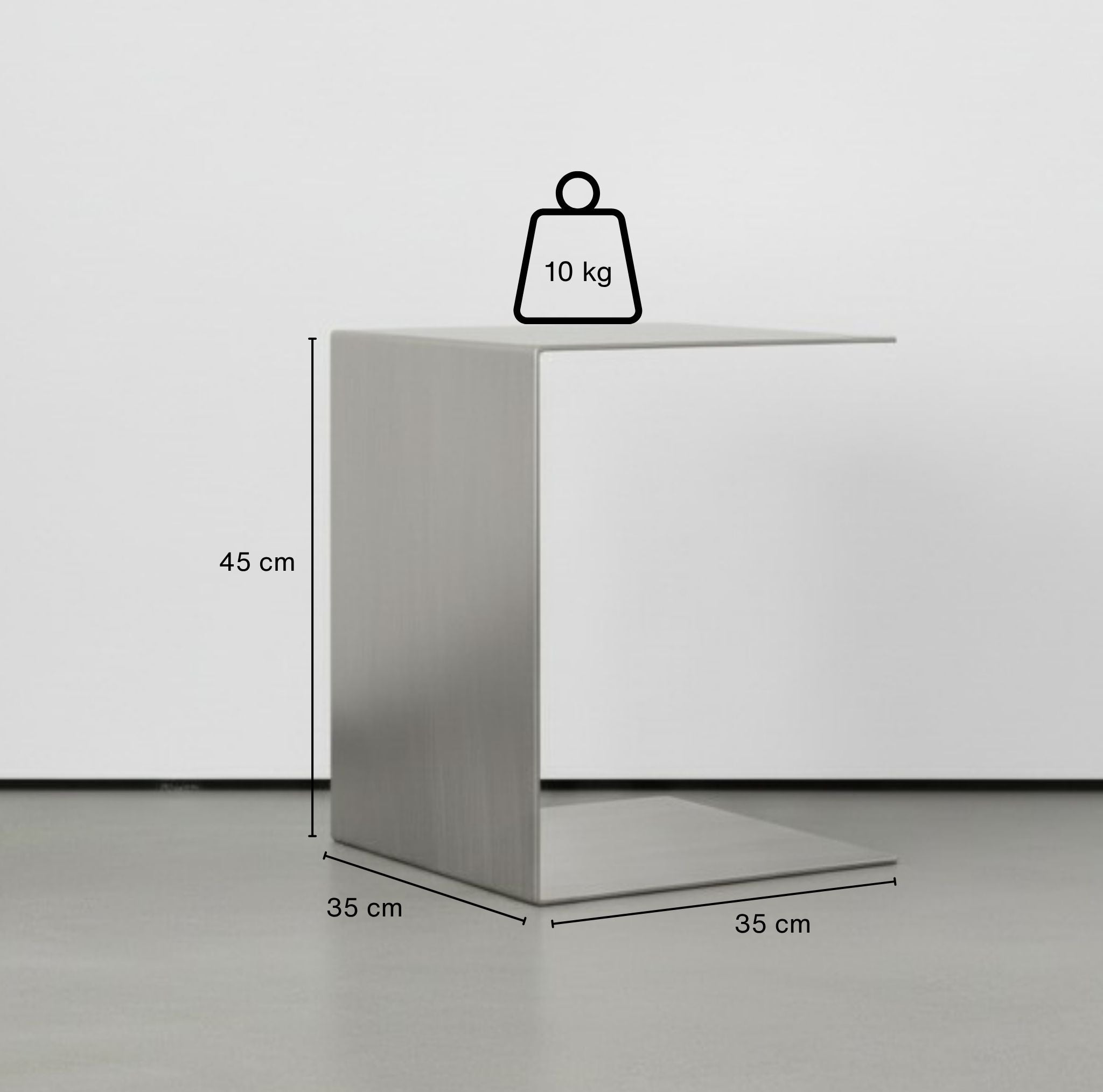 Technische Zeichnung des Brushed C Beistelltischs Edelstahl gebürstet mit Maßen: 35x35x45 cm für Tiefe, Breite und Höhe