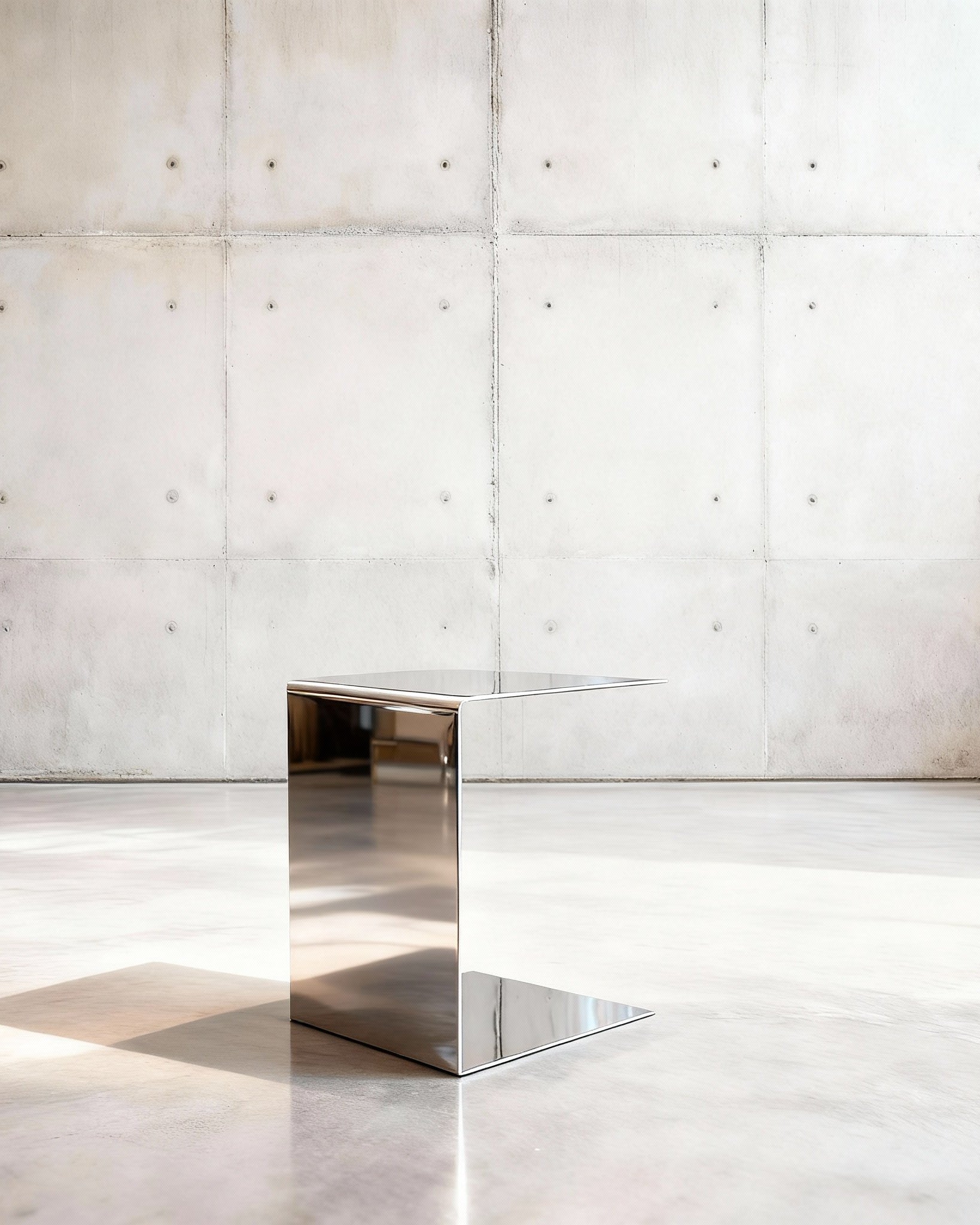 Mirror C Beistelltisch in spiegelpolierten Edelsthahl auf grauen Betonboden vor grauer Betonwand mit Löchern