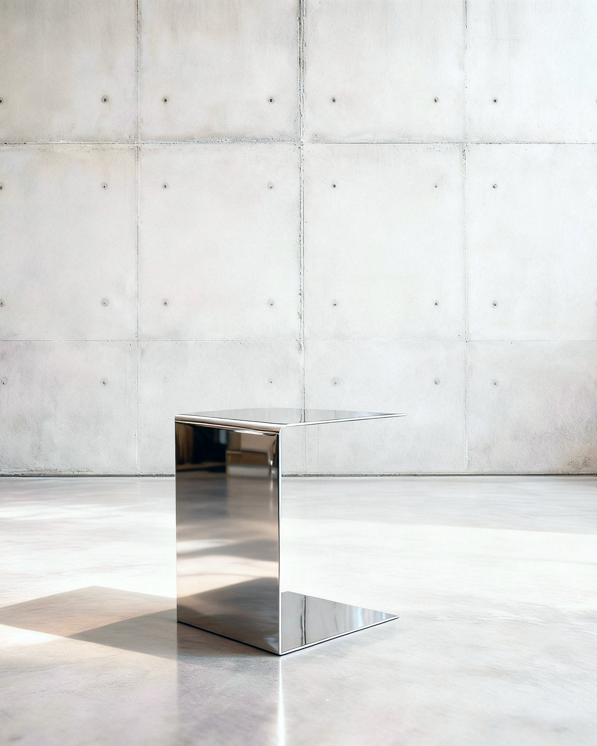 Mirror C Beistelltisch in spiegelpolierten Edelsthahl auf grauen Betonboden vor grauer Betonwand mit Löchern