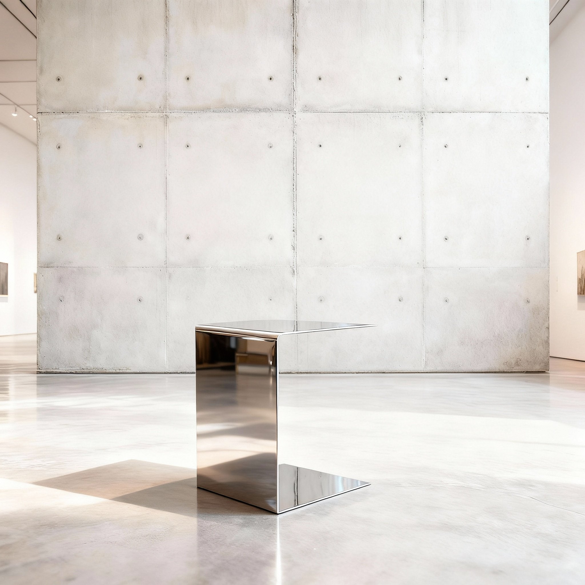 Mirror C Beistelltisch in spiegelpolierten Edelsthahl auf grauen Betonboden vor grauer Betonwand mit Löchern