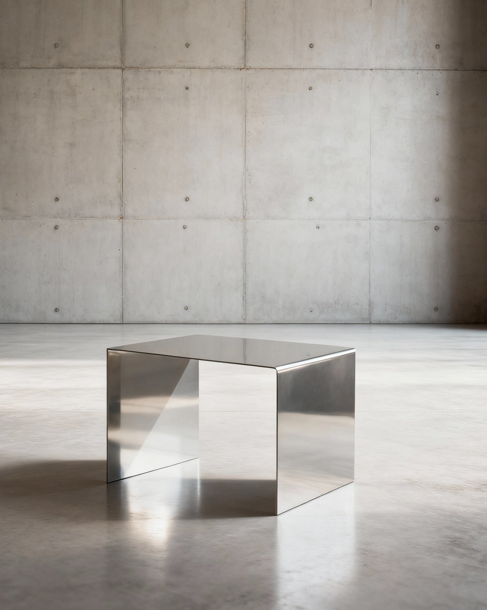 Mirror C Couchtisch in spiegelpoliertem Edelsthahl auf grauen Betonboden vor grauer Betonwand mit Löchern