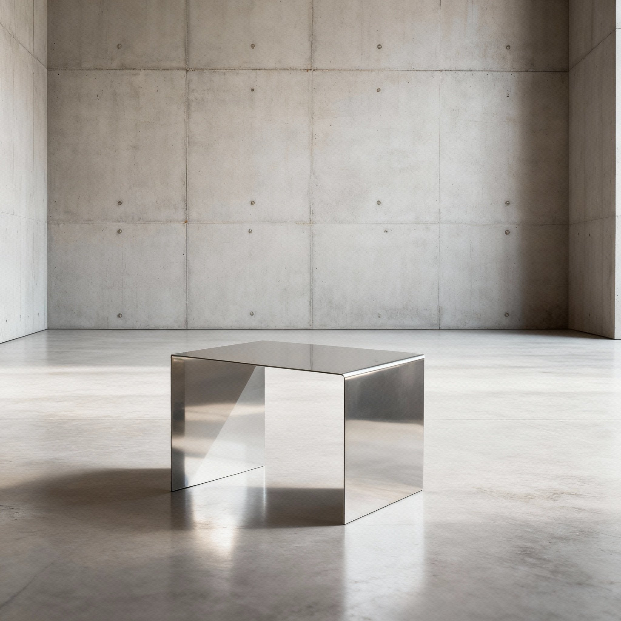 Mirror C Couchtisch in spiegelpoliertem Edelsthahl auf grauen Betonboden vor grauer Betonwand mit Löchern