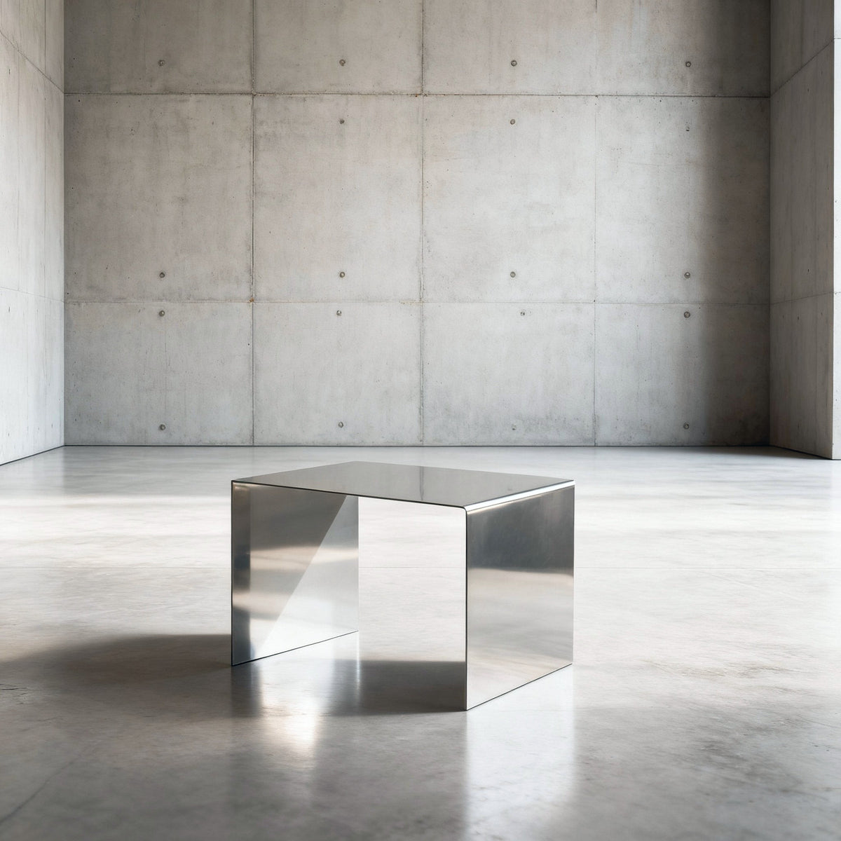Mirror C Couchtisch in spiegelpoliertem Edelsthahl auf grauen Betonboden vor grauer Betonwand mit Löchern