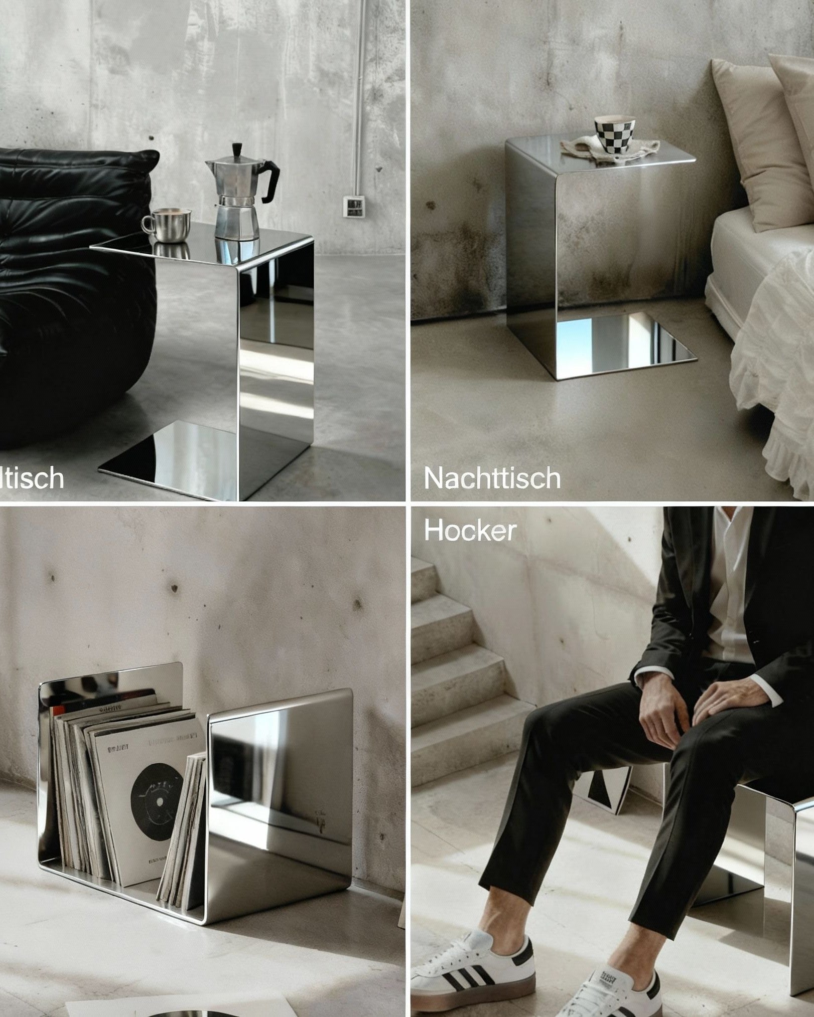 Collage Mirror C verwendet als Beistelltisch, Nachttisch, Ablage und Hocker