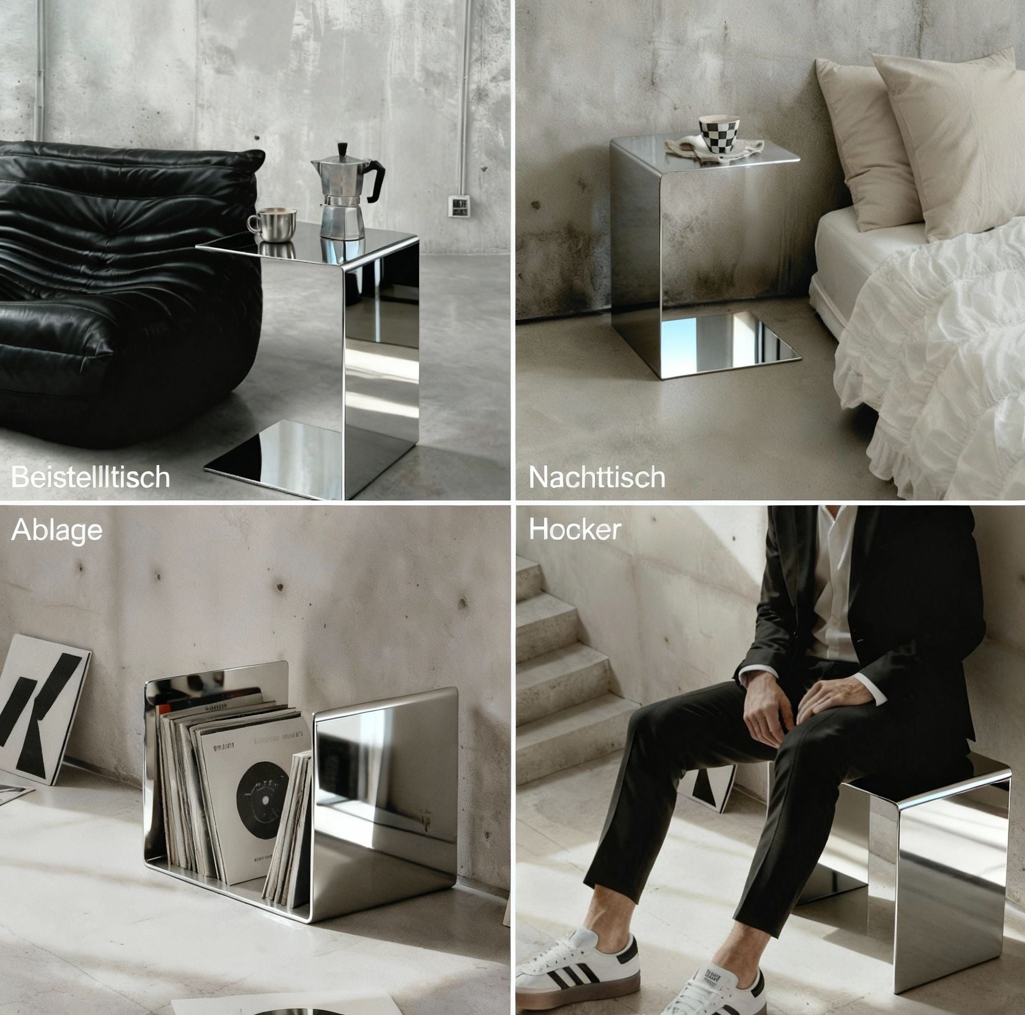 Collage Mirror C verwendet als Beistelltisch, Nachttisch, Ablage und Hocker