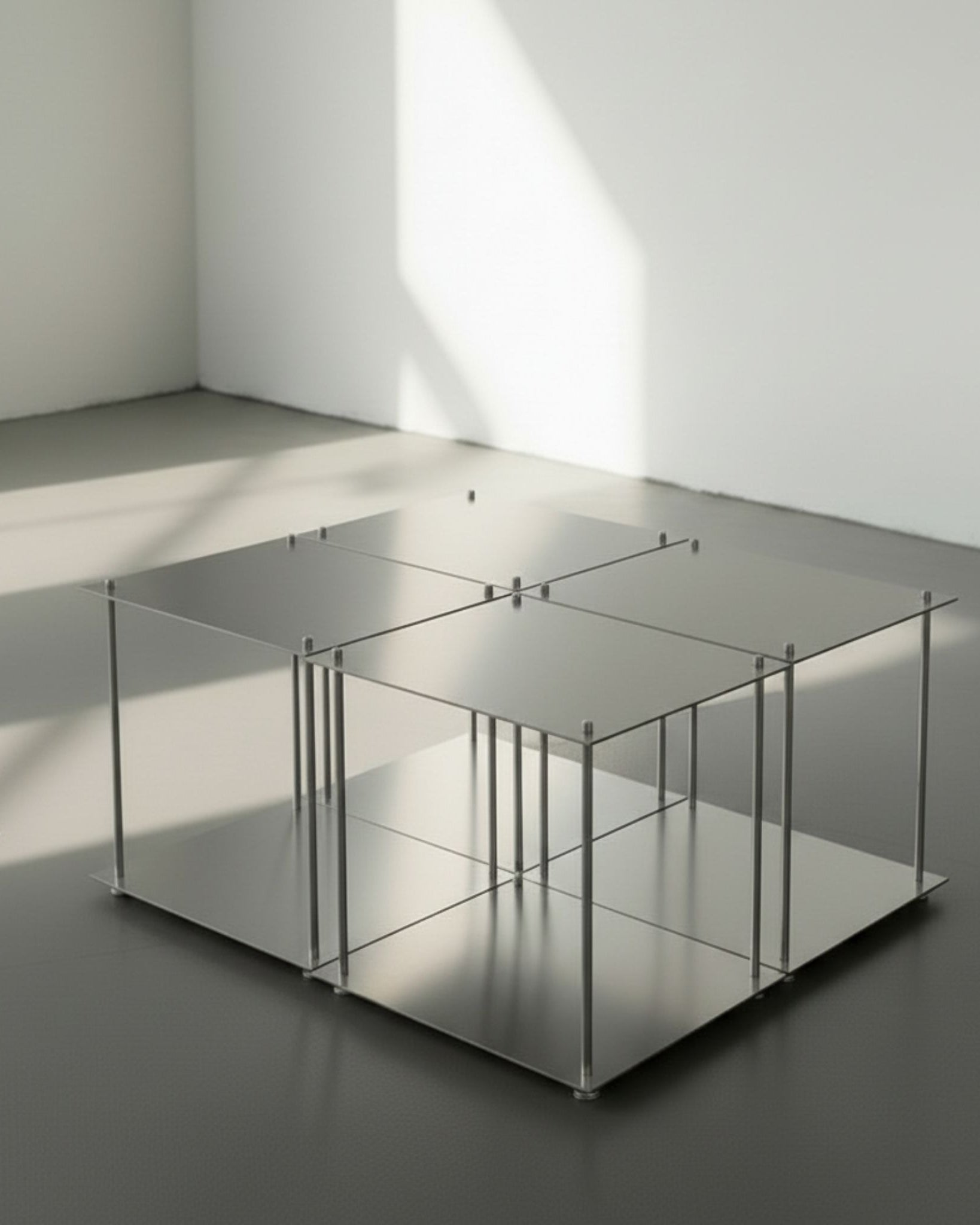 Modulum Couchtisch bestehend aus 4 Basis-Modulen aus gebürstetem Edelstahl auf grauen Betonboden vor weißer Wand und Lichtspiel