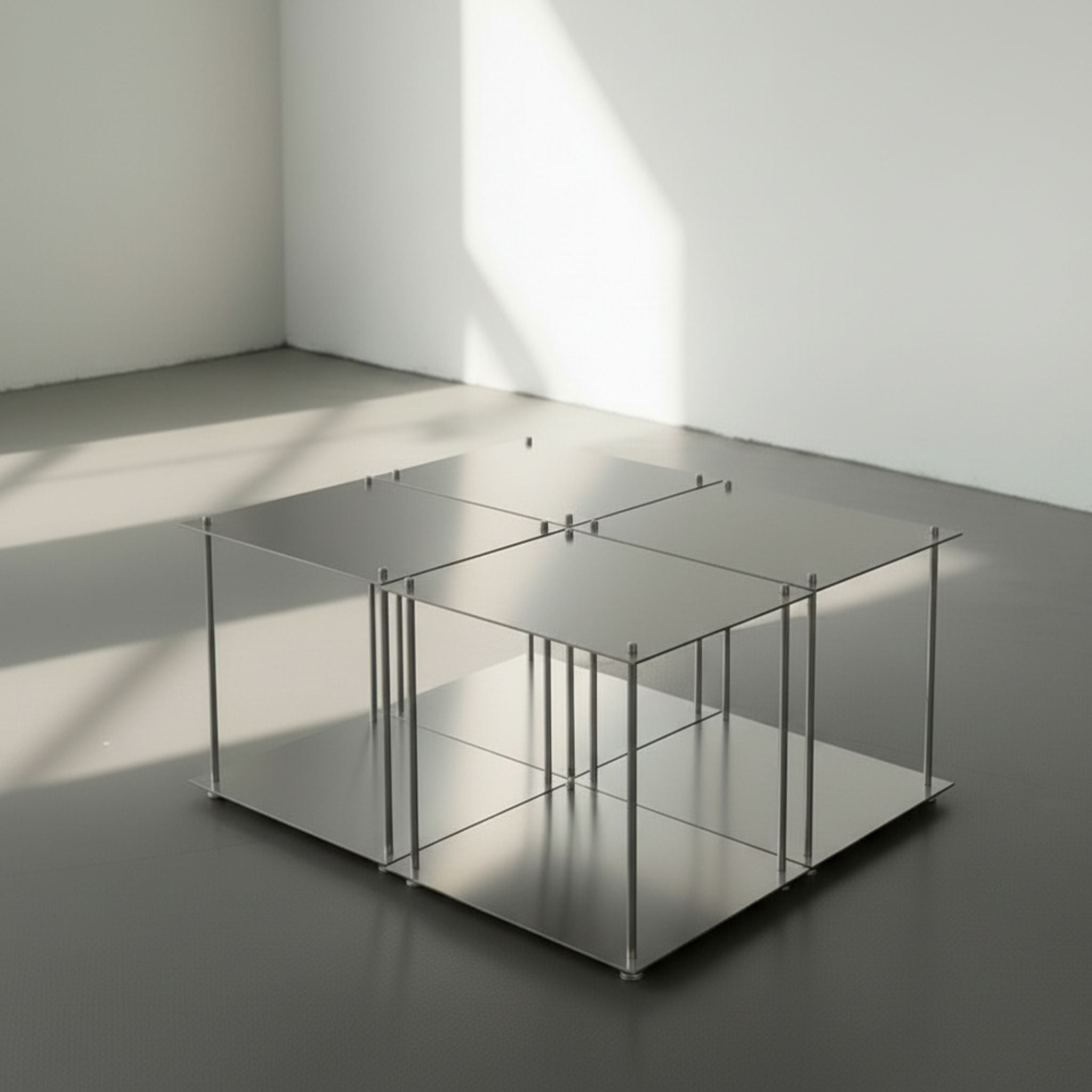 Modulum Couchtisch bestehend aus 4 Basis-Modulen aus gebürstetem Edelstahl auf grauen Betonboden vor weißer Wand und Lichtspiel