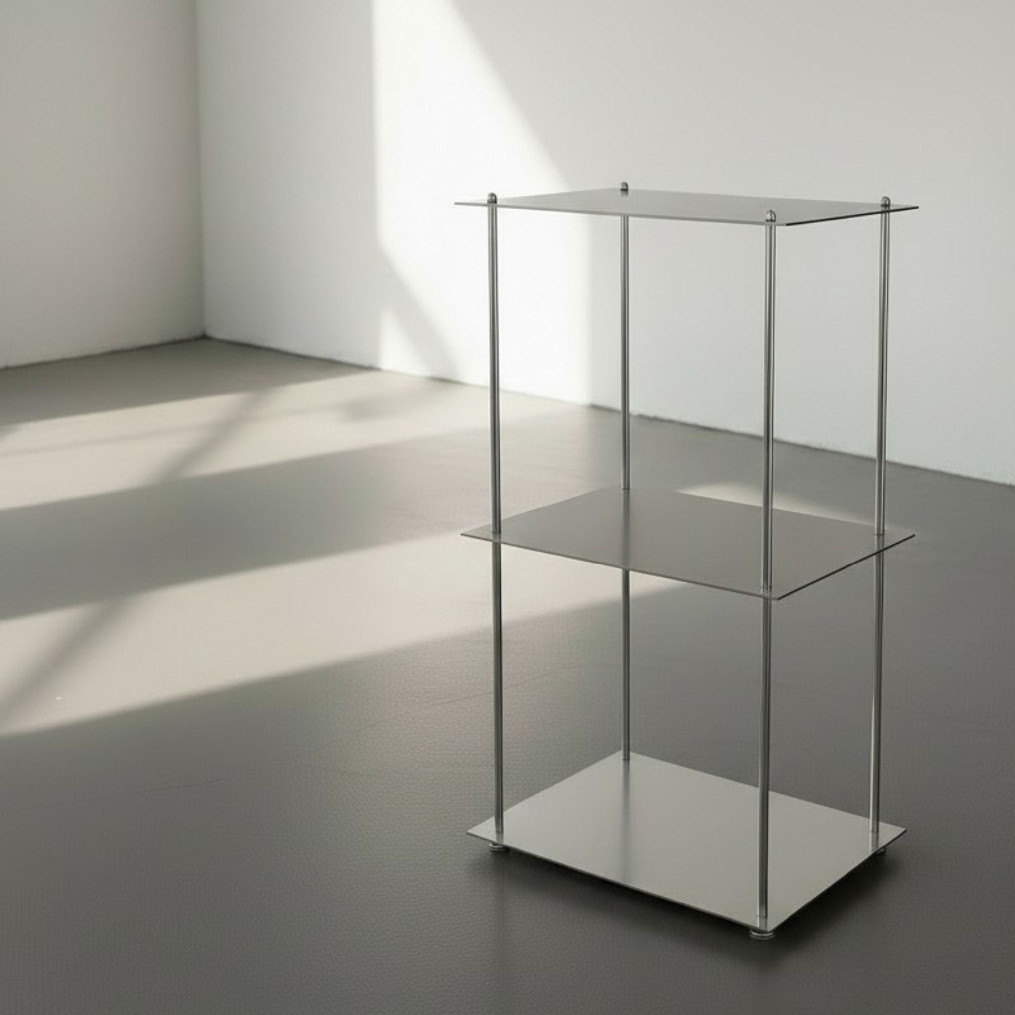 Modulum mit 3 Fachböden aus gebürstetem Edelstahl auf grauen Betonboden vor weißer Wand und Lichtspiel