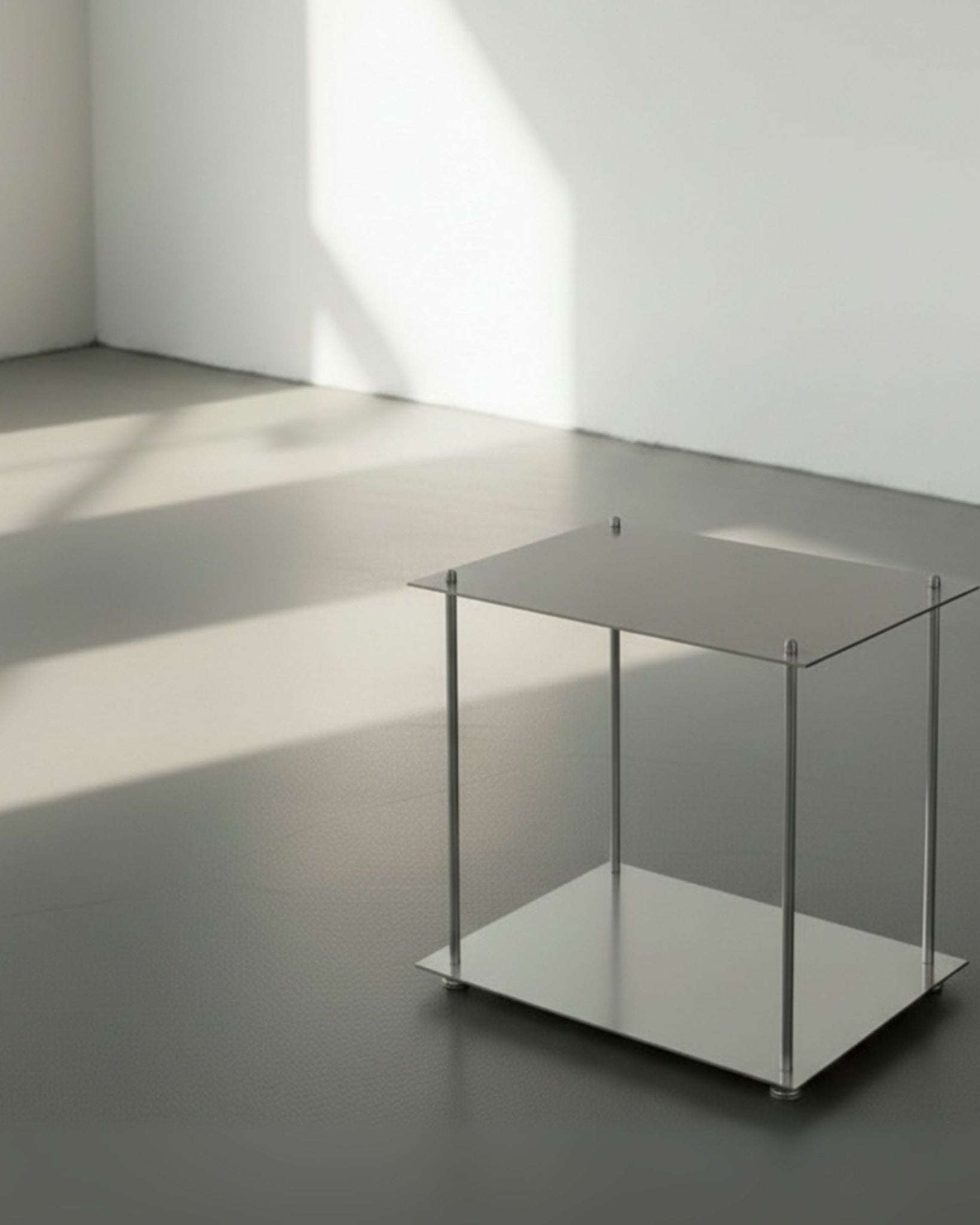 Modulum Basismodul aus gebürstetem Edelstahl auf grauen Betonboden vor weißer Wand und Lichtspiel