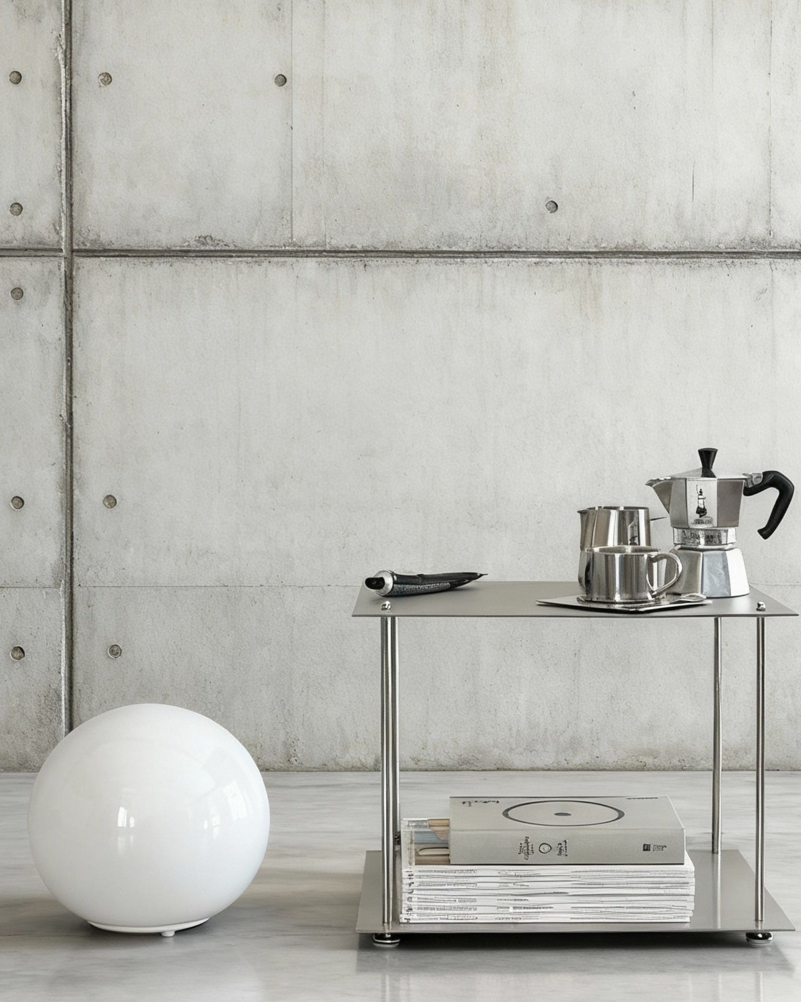 Modulum Regalsystem aus Edelstahl mit Kaffeeset und Magazinen in modernem Betonraum mit minimalistischer Kugellampe