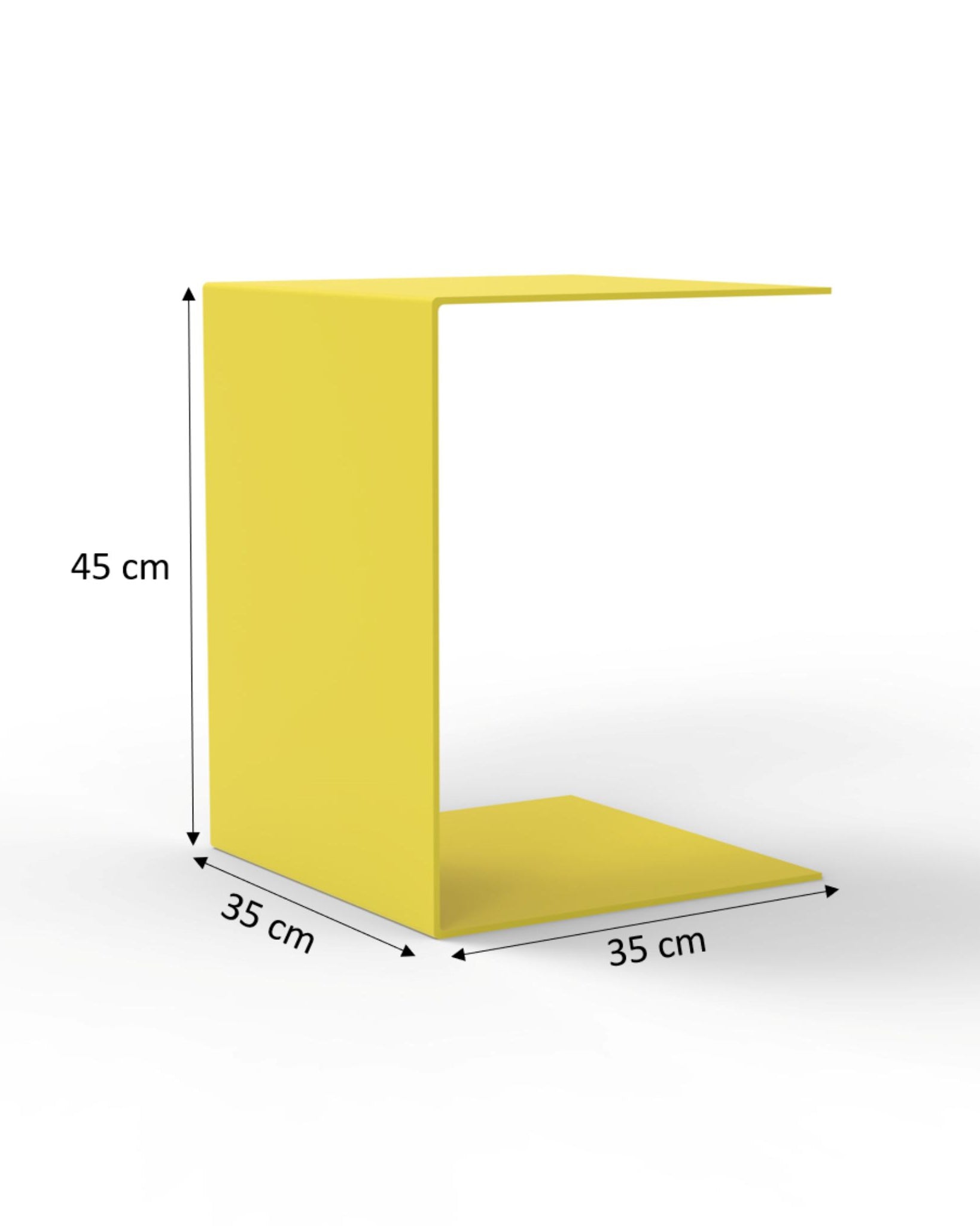 Technische Zeichnung des BIG C Beistelltischs in Schwefelgelb mit Maßen: 35x35x45 cm für Tiefe, Breite und Höhe