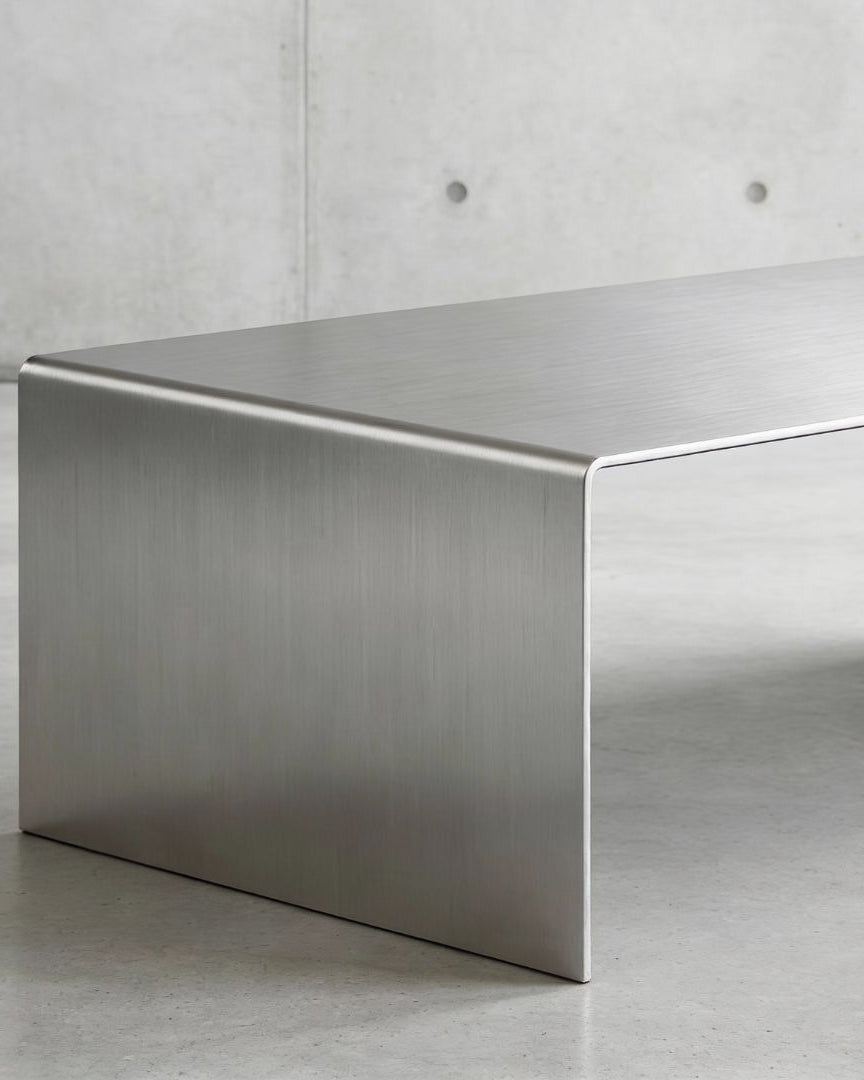 Detailaufnahme des Brushed C Long Couchtischs aus gebürstetem Edelstahl mit klarer Kante und präziser Verarbeitung
