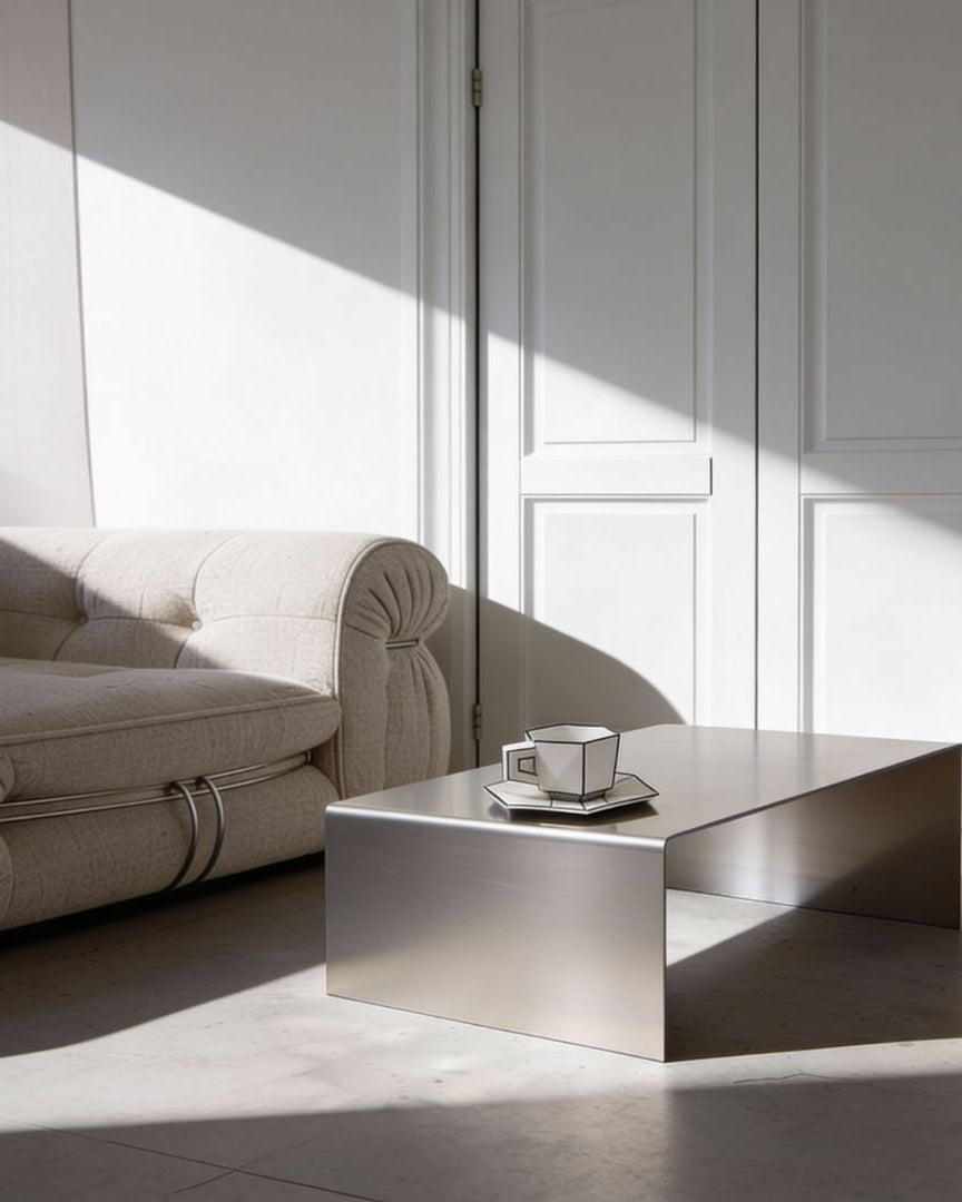 Brushed C Long Couchtisch aus gebürstetem Edelstahl im Wohnraum mit natürlichem Lichteinfall und klarer Linienführung