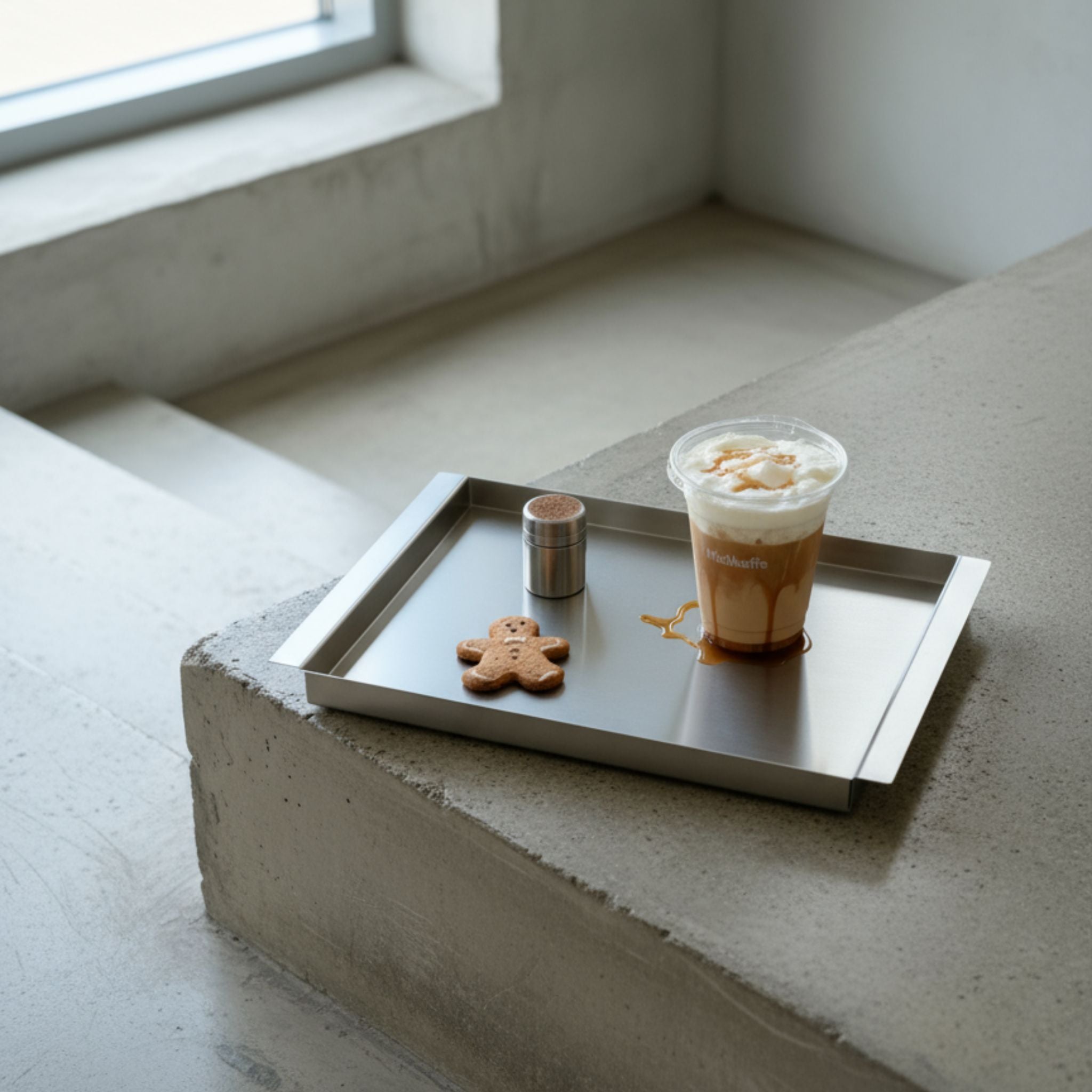 Edelstahl Tablett RAY mit Kaffee und Gebäck auf Betonfläche im minimalistischen Interior von MO INTERIORS