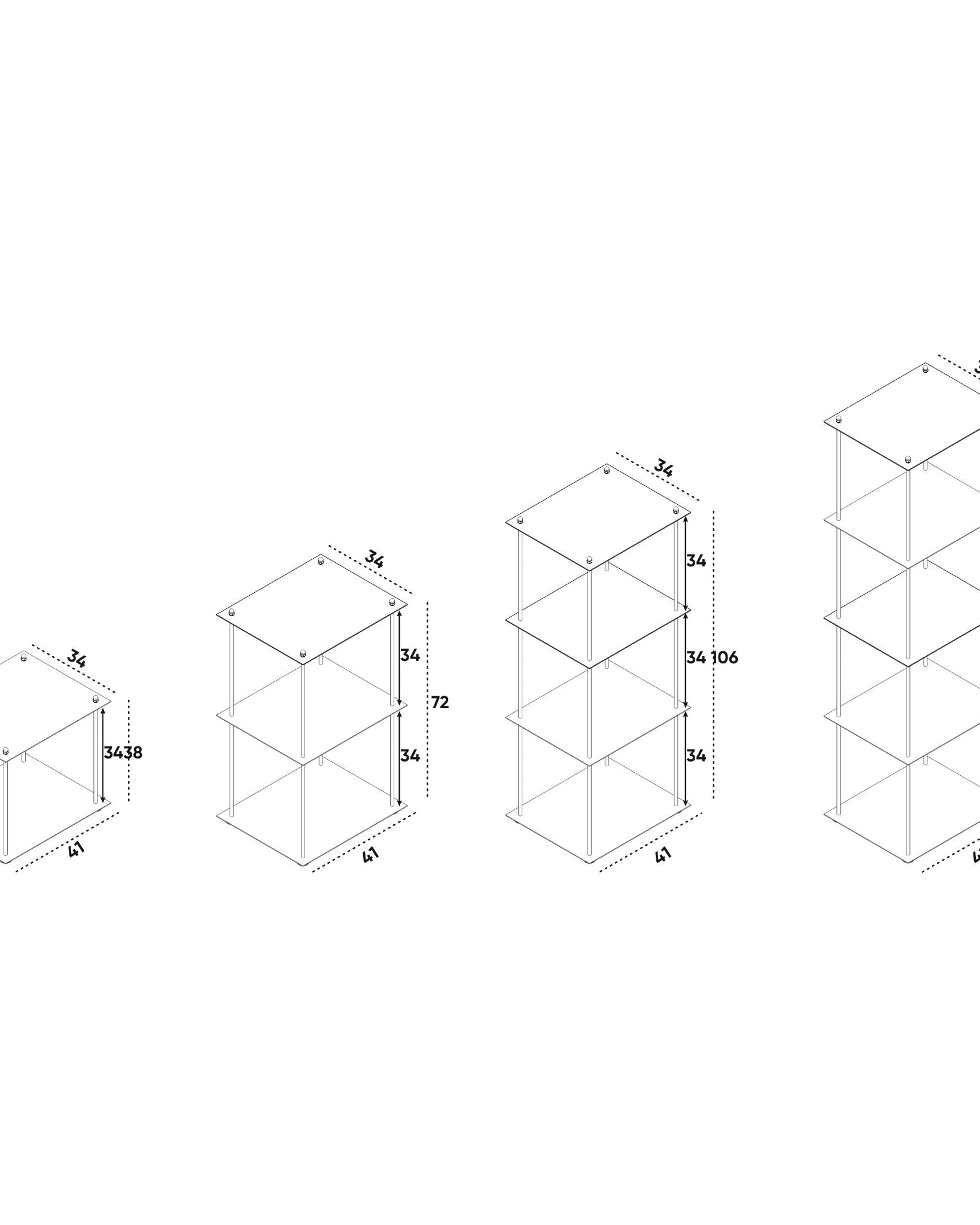 Technische Skizze eines modularen Edelstahl-Regals mit verschiedenen Höhen und Maßen