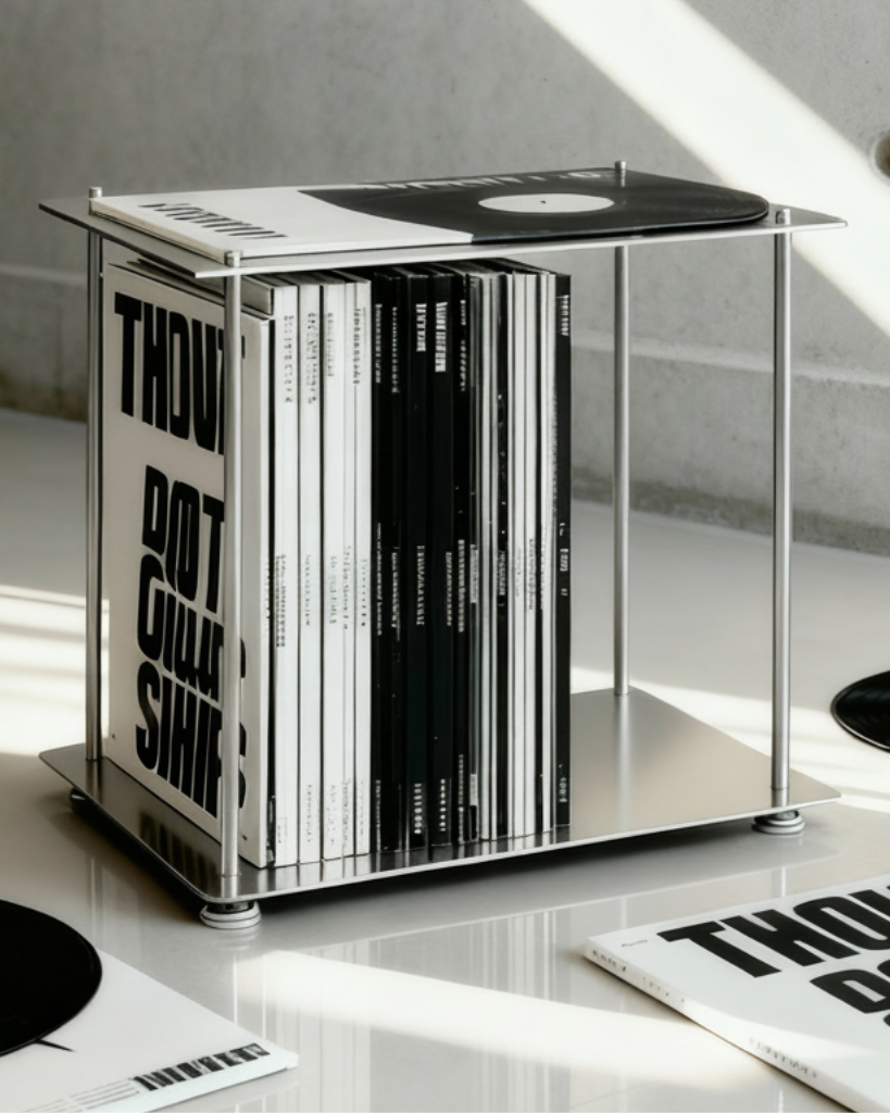 Modulum Regalmodul aus Edelstahl als stilvolle Vinylaufbewahrung mit Schallplatten im modernen, lichtdurchfluteten Interior