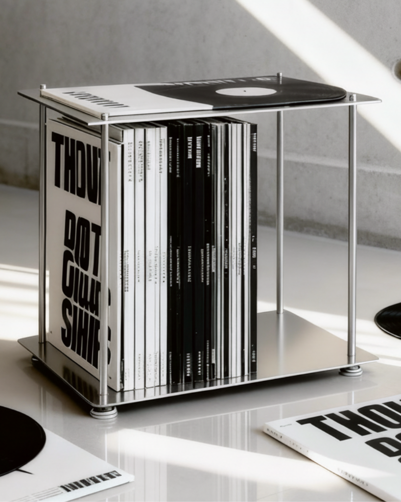 Modulum Regalmodul aus Edelstahl als stilvolle Vinylaufbewahrung mit Schallplatten im modernen, lichtdurchfluteten Interior