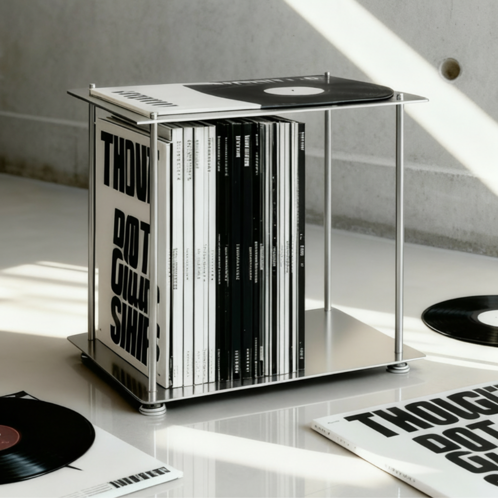 Modulum Regalmodul aus Edelstahl als stilvolle Vinylaufbewahrung mit Schallplatten im modernen, lichtdurchfluteten Interior