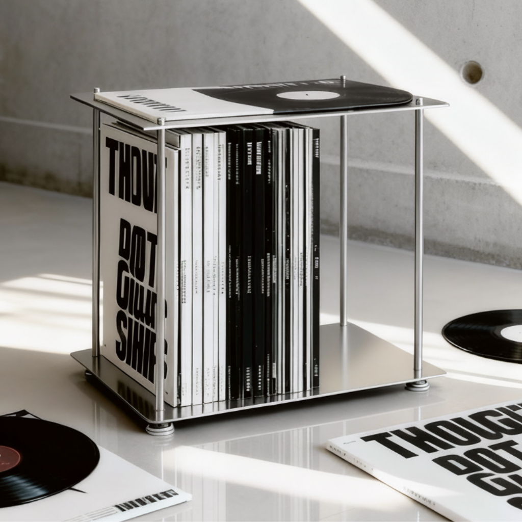 Modulum Regalmodul aus Edelstahl als stilvolle Vinylaufbewahrung mit Schallplatten im modernen, lichtdurchfluteten Interior