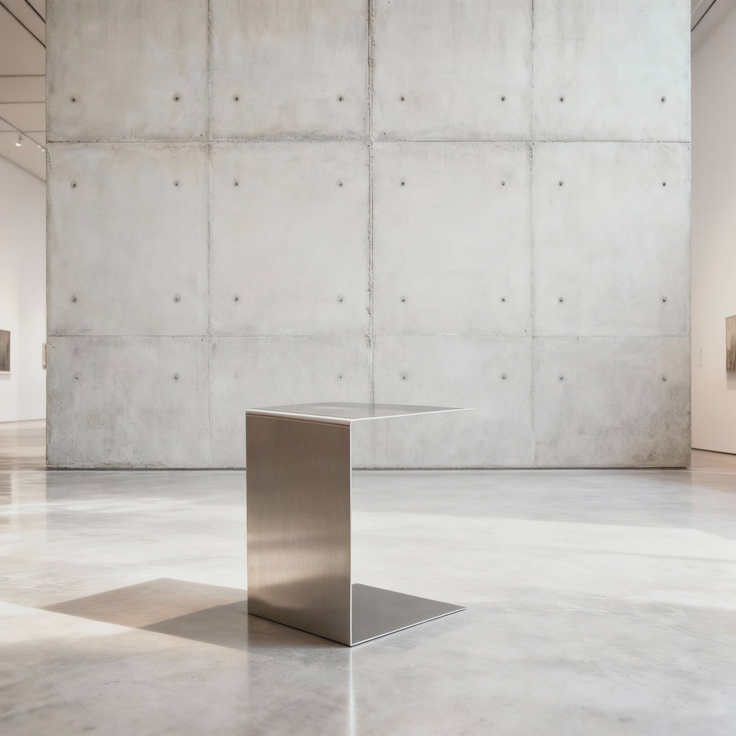 360 Grad Kamerafahrt Brushed C in gebürstetem Edelstahl  auf grauen Betonboden vor grauer Betonwand mit Löchern