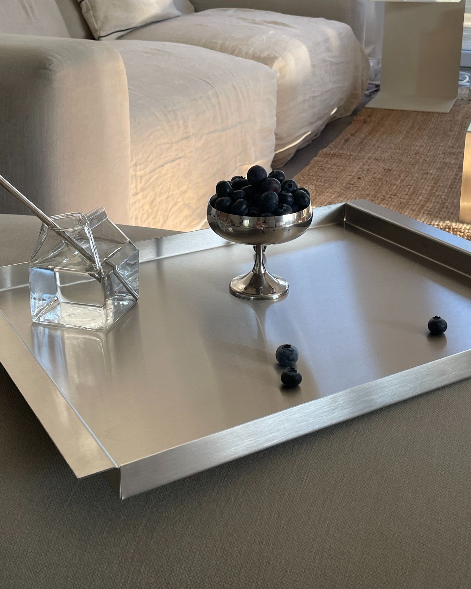 modernes edelstahl tablett ray auf sofa mit blaubeeren im wohnzimmer
