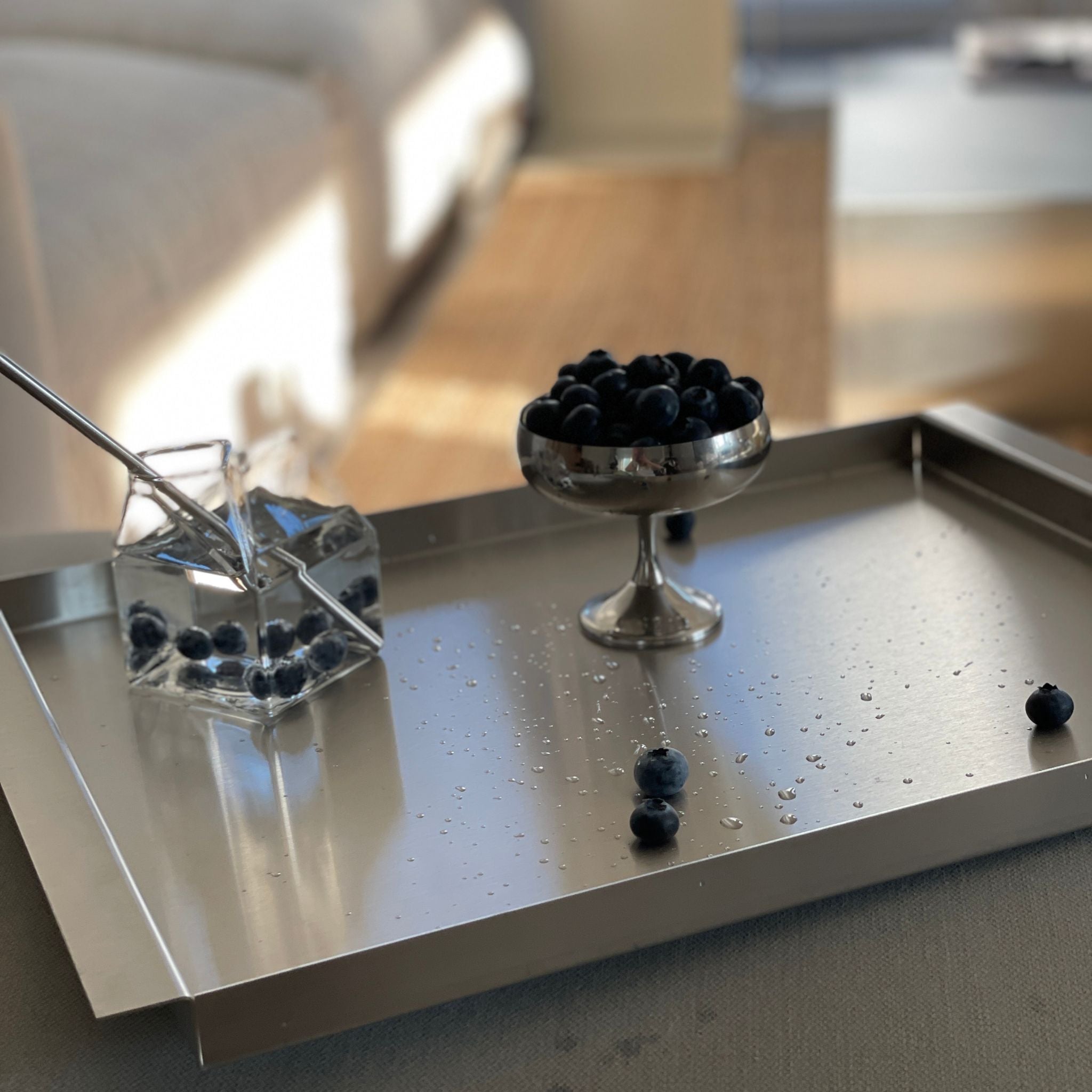 edelstahl tablett mit blaubeeren wasserkaraffe und tageslicht im wohnzimmer