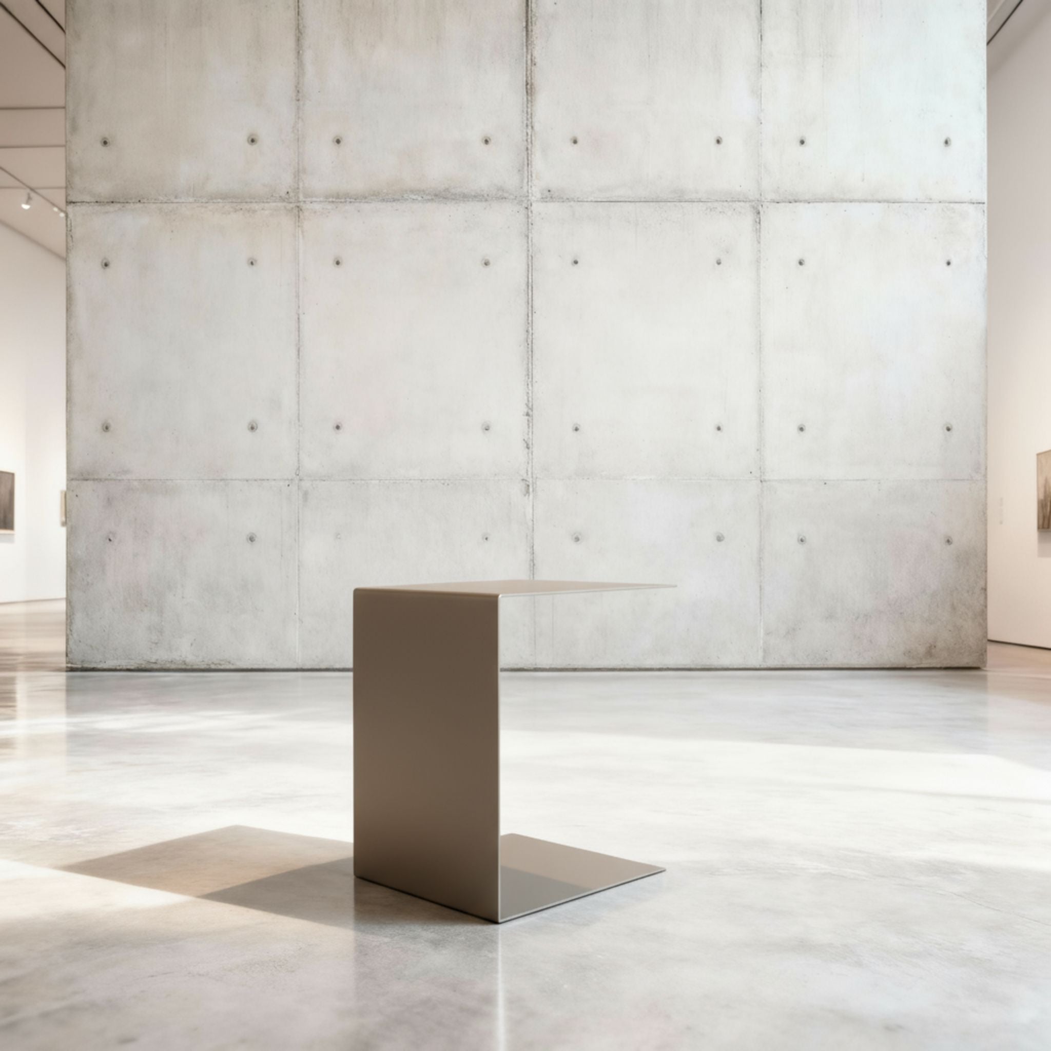 Minimalistischer Beistelltisch BIG C aus graubeige matt lackiertem Stahl in architektonischem Raum auf Betonboden