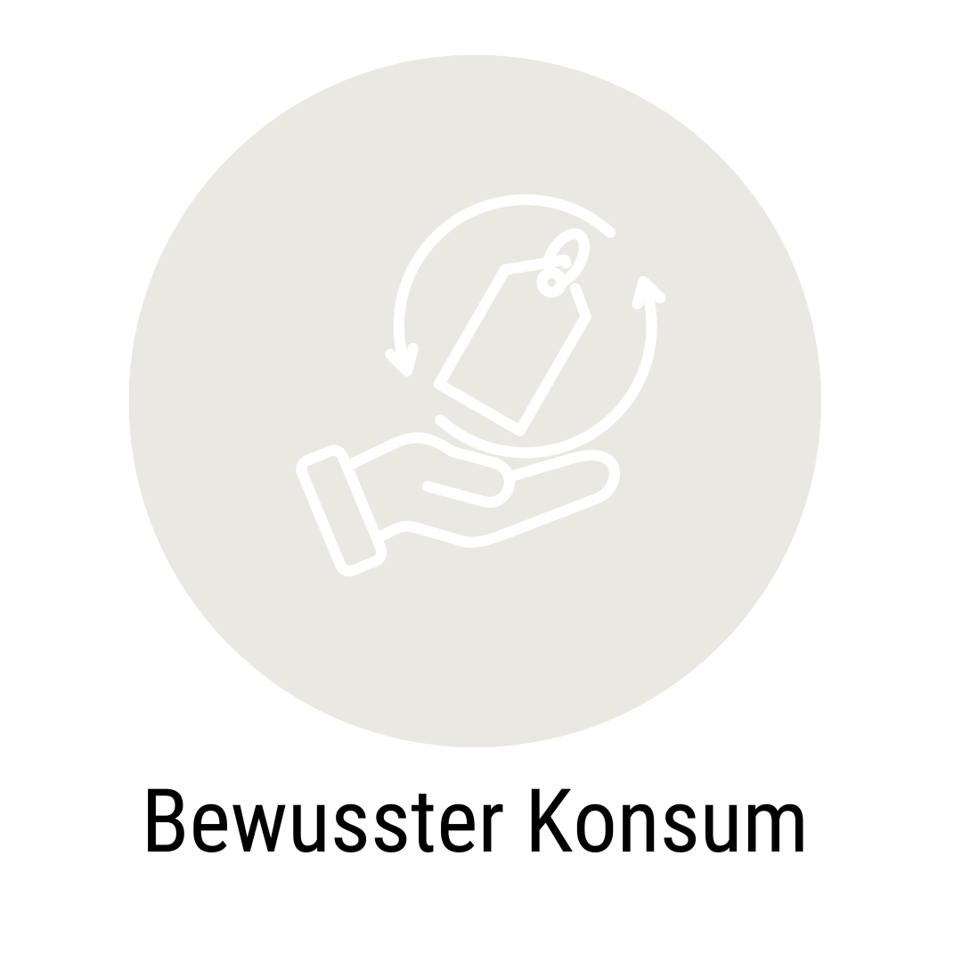 Icon mit Hand, Preisschild und Recycling-Symbol, Text "Bewusster Konsum", Symbol für nachhaltigen und verantwortungsvollen Einkauf