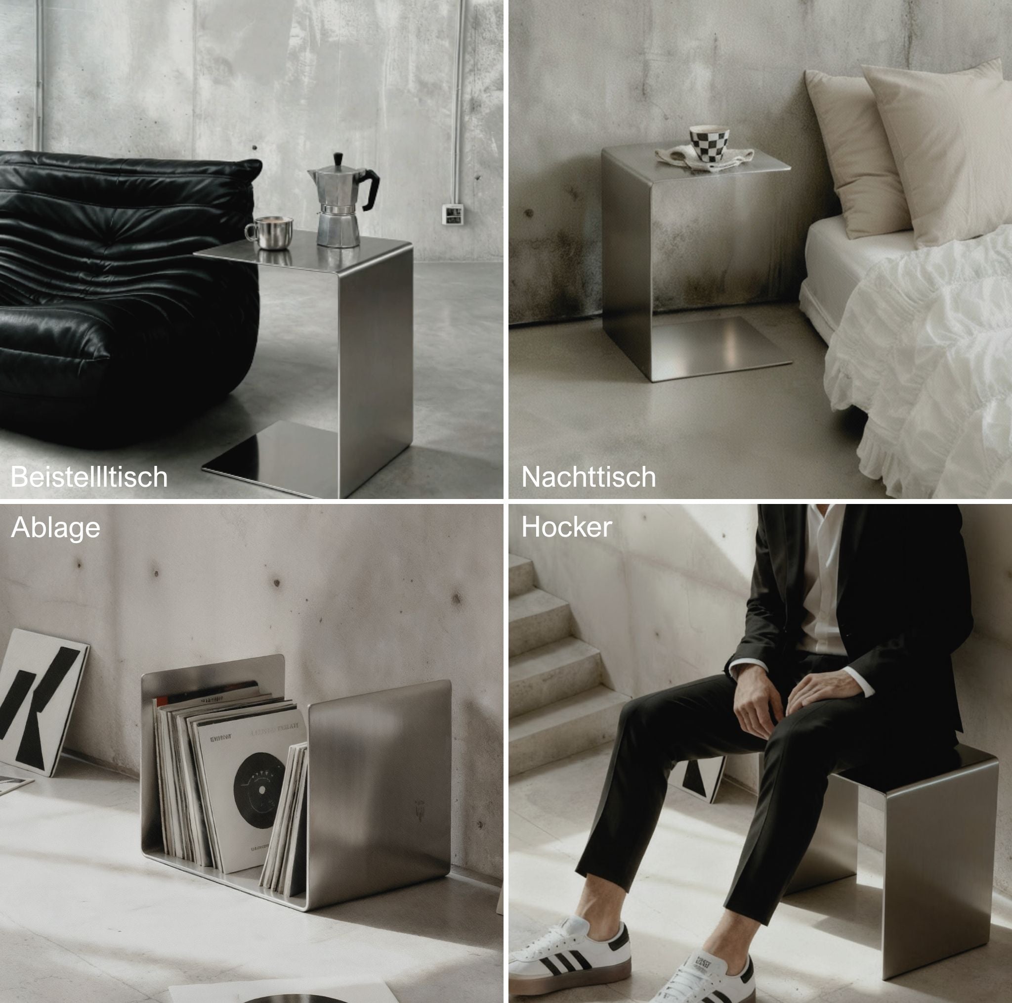 Collage Brushed C verwendet als Beistelltisch, Nachttisch, Ablage und Hocker